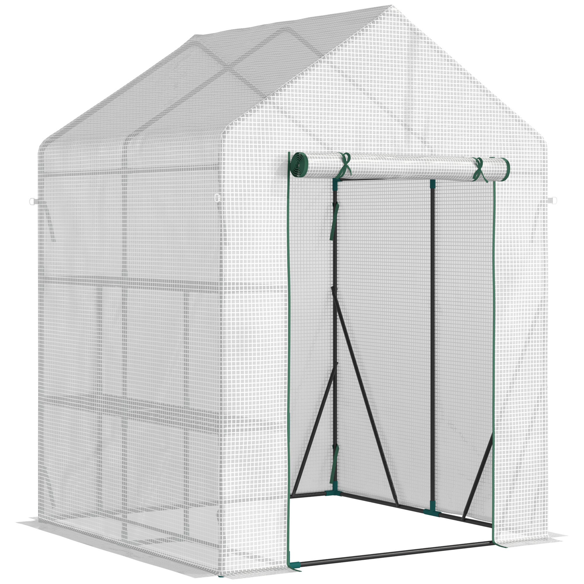 Outsunny Invernadero de Jardín 143x73x195 cm Vivero Casero de Acero con 2 Estantes y Puerta Enrollable para Cultivos Plantas Macetas Flores Blanco