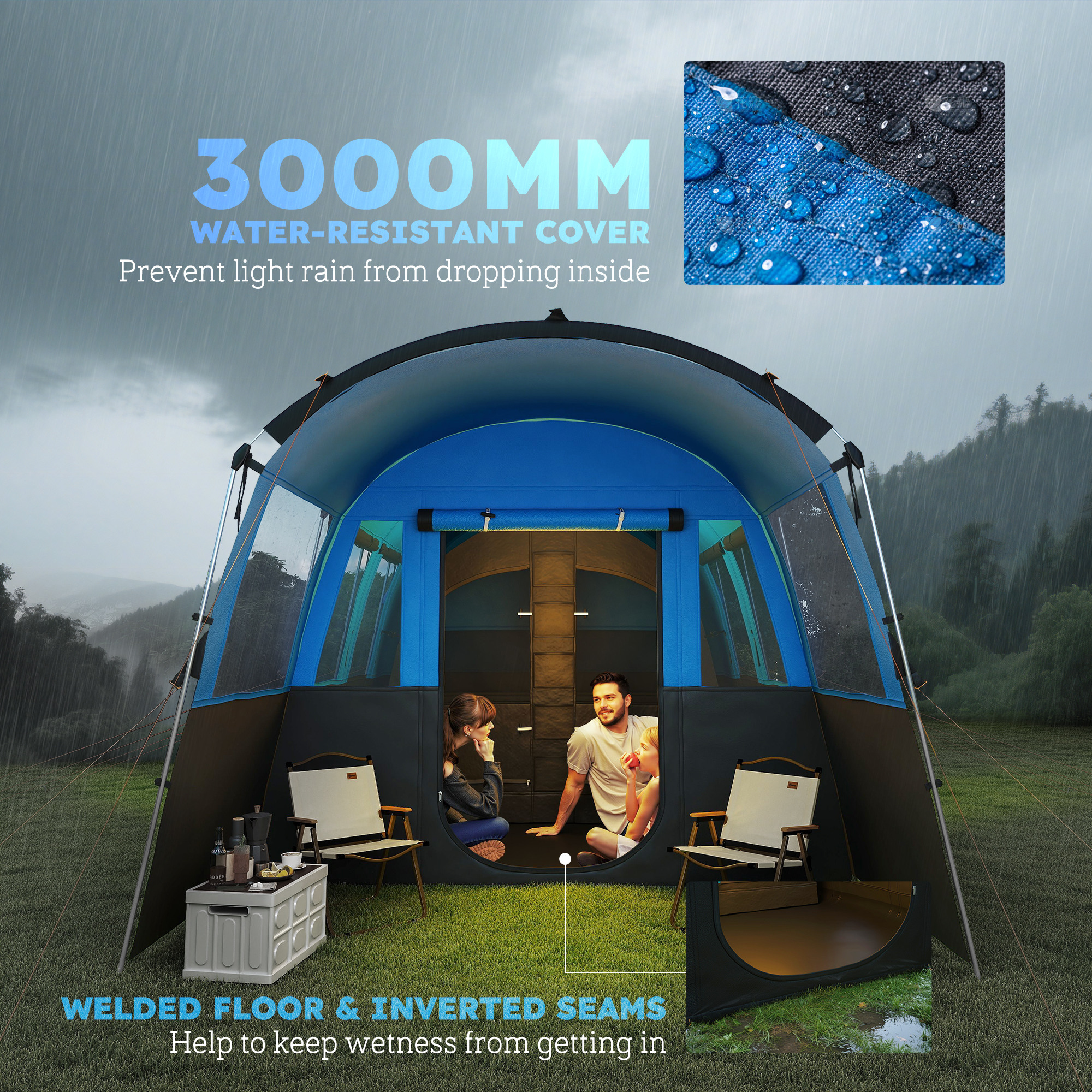 Outsunny 4-Person Camping Tent, Waterproof Family Tent, Tunnel Design, 4 Large Windows, Sleeping Cabins 3000mm Water Column Blue 8