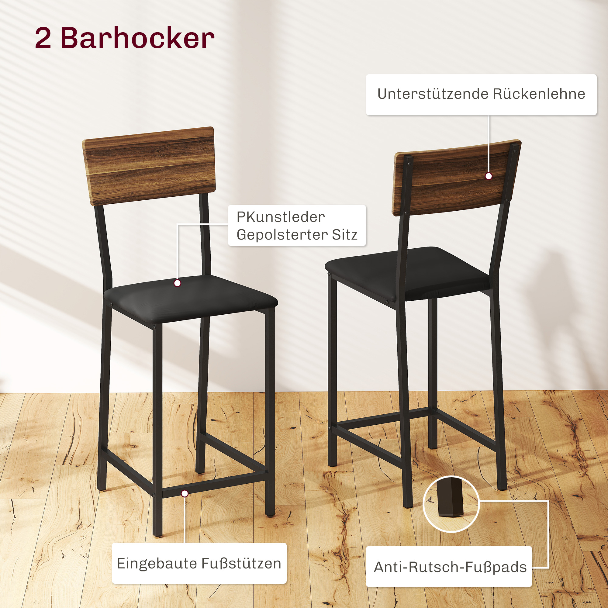 3-osaline baarilaudade komplekt, 1 baarilaud, 2 tooli, veinipudeliriiuli, klaasihoidja, avatud riiulid, jalatoed, pruun