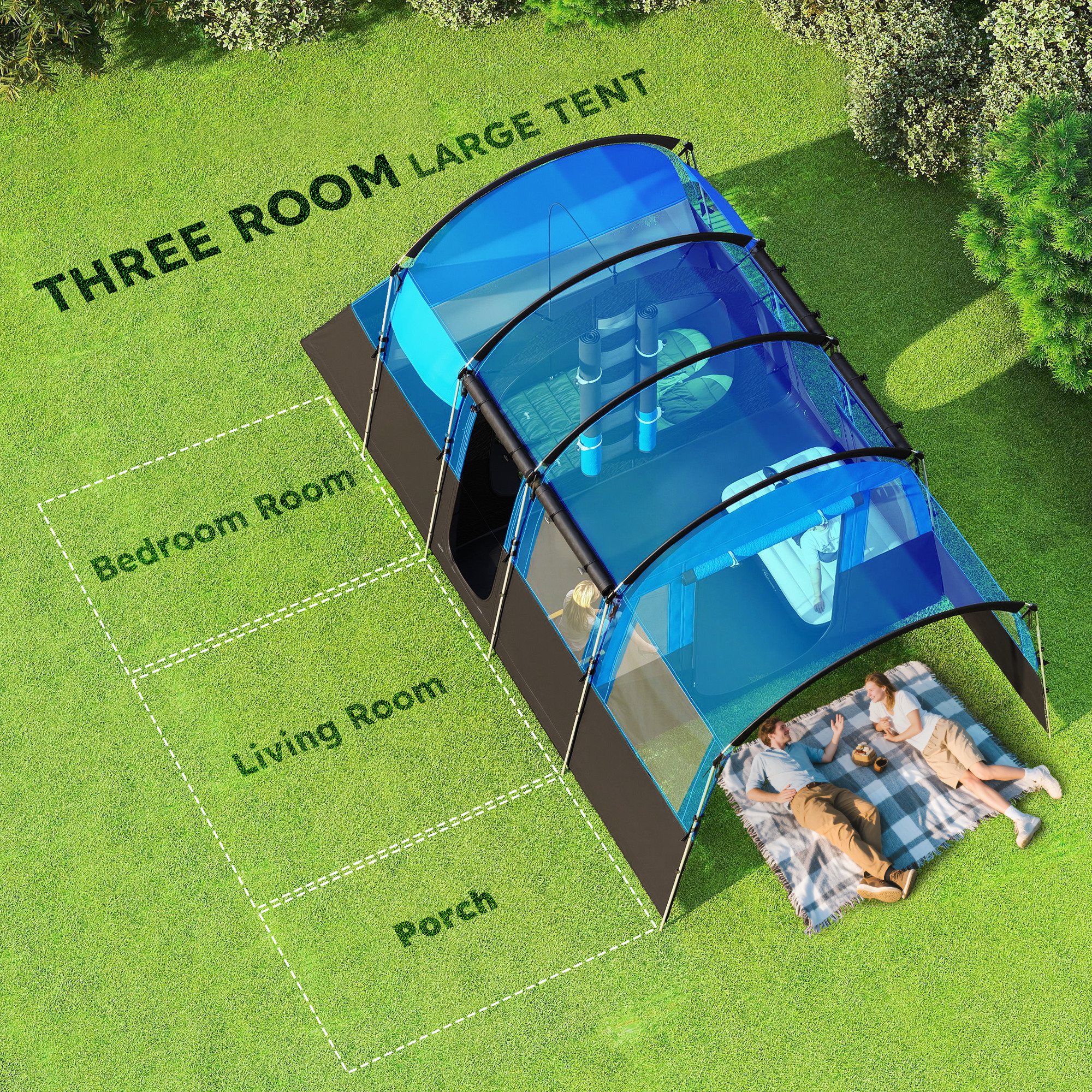 Outsunny 4-Person Camping Tent, Waterproof Family Tent, Tunnel Design, 4 Large Windows, Sleeping Cabins 3000mm Water Column Blue 4