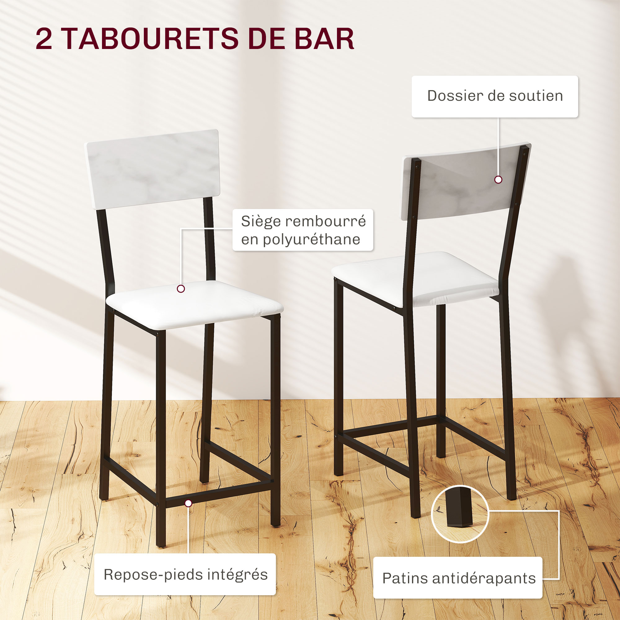 DlandHome Ensemble Table De Bar 3 Pièces Avec 3 Casiers + 2 Tabourets Hauts - Teck/Blanc - Idéal Cuisine Et Salle à Manger