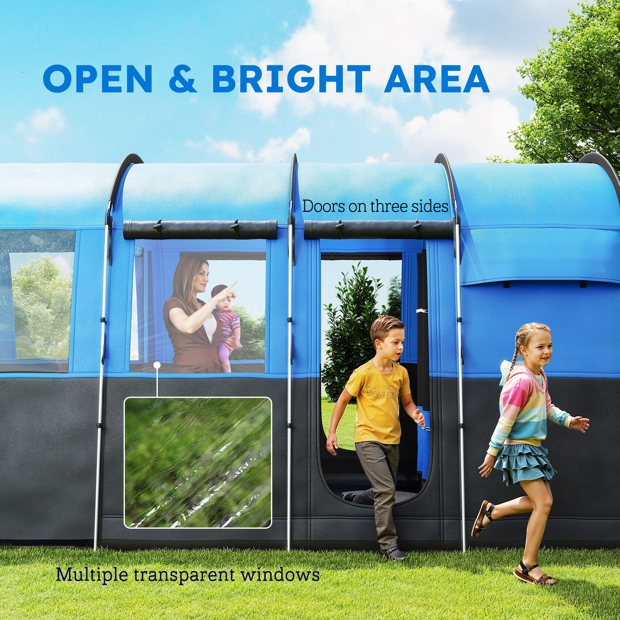 Outsunny 4-Person Camping Tent, Waterproof Family Tent, Tunnel Design, 4 Large Windows, Sleeping Cabins 3000mm Water Column Blue 6