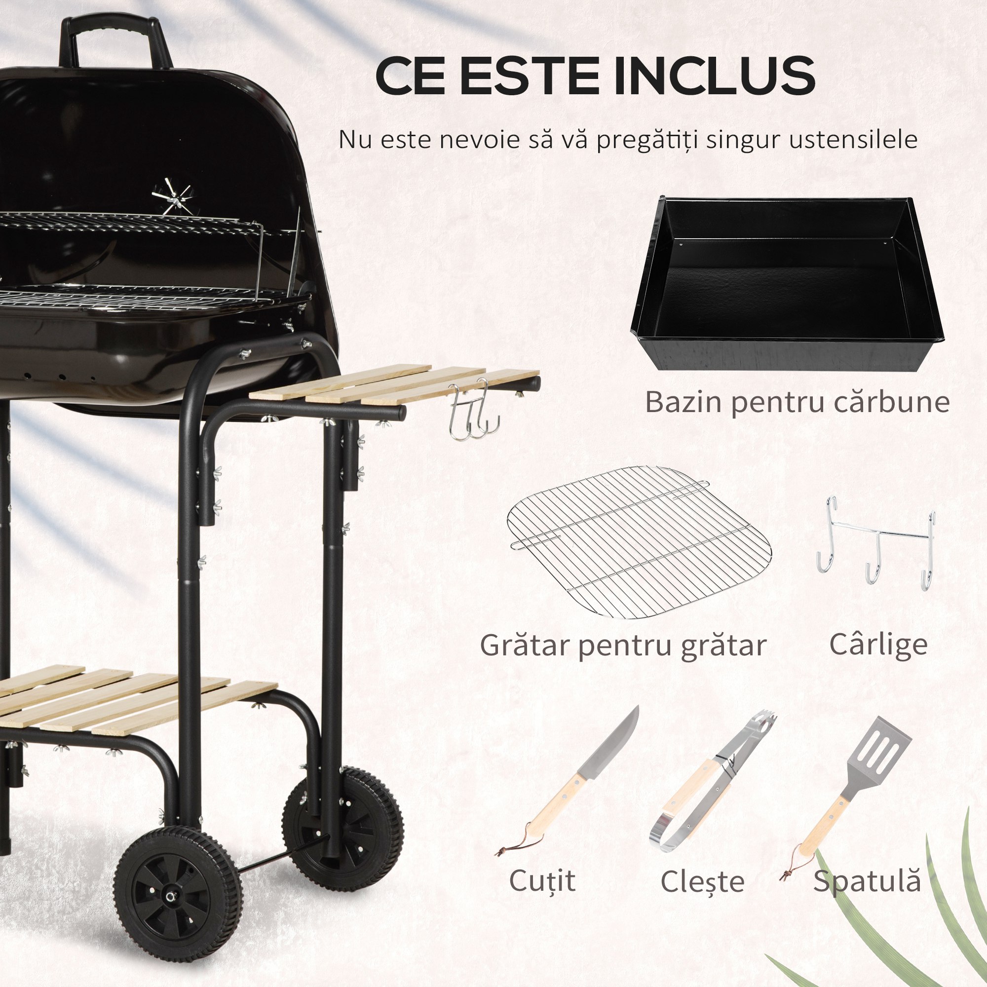  Gratar cu Carbuni, Rafturi, Roti, Capac si Priza de Aer, 113x62x97 cm, Negru [5]