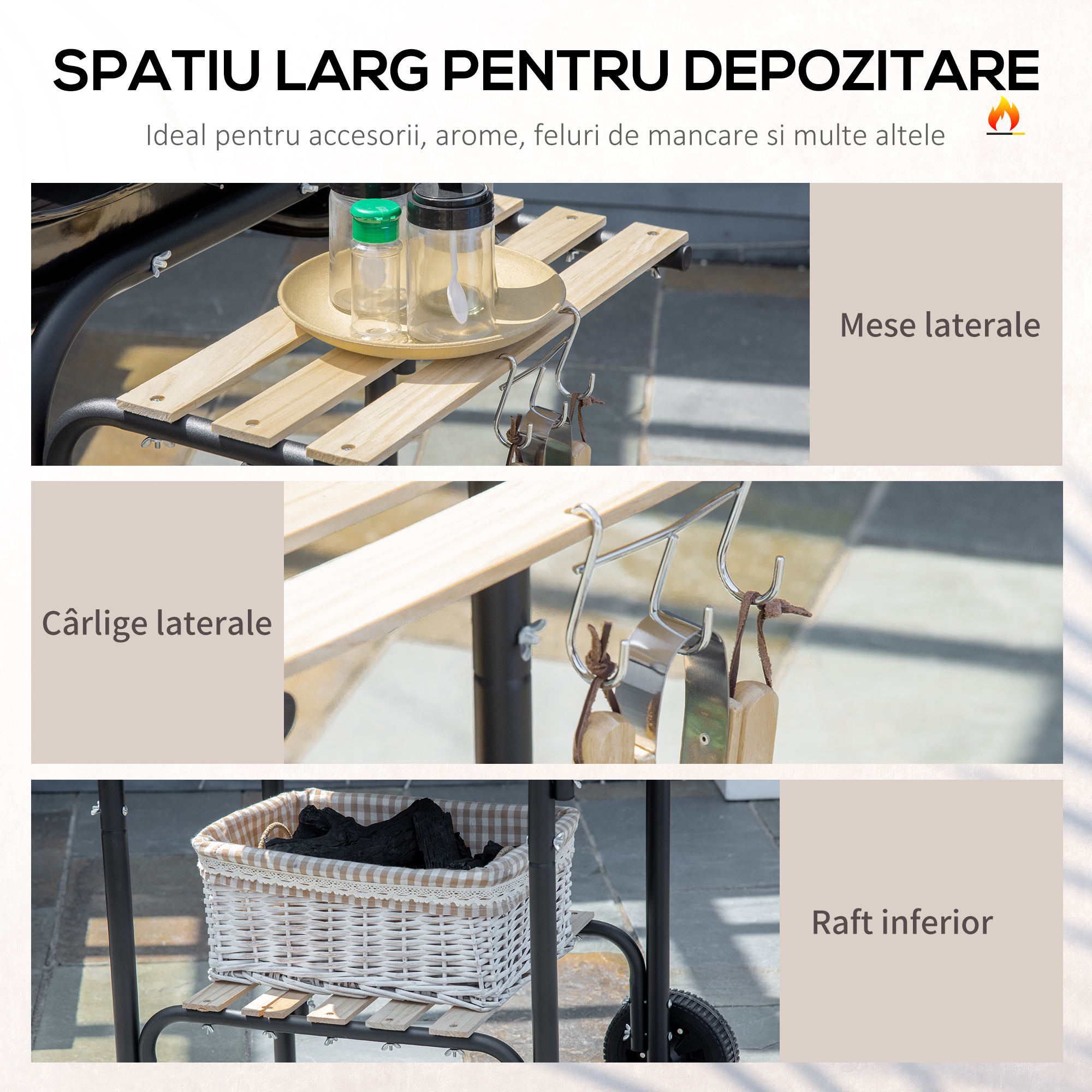  Gratar cu Carbuni, Rafturi, Roti, Capac si Priza de Aer, 113x62x97 cm, Negru [4]