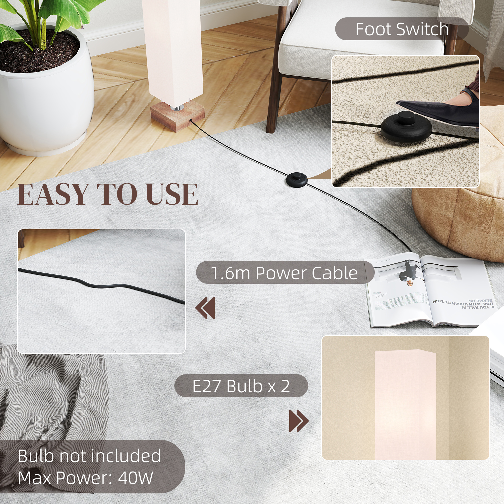 HOMCOM Floor Lamp, 120cm Standing Lamp with Linen Lampshade, Standard Light with Pine Wood Base for Living Room, Bedroom (Bulbs Not Included) 6