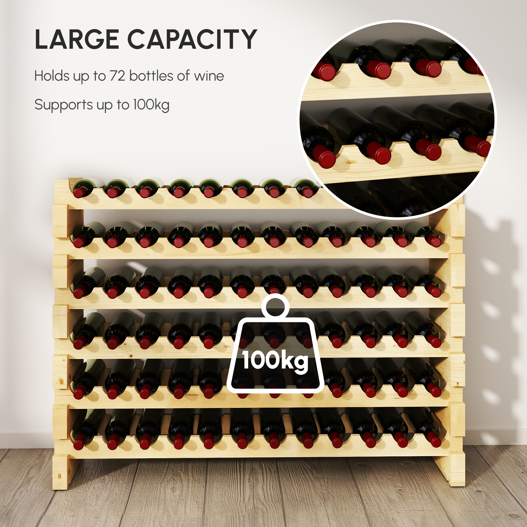 thumbnail image 2 of SEGAWE 6-Tier Wood Wine Rack – Stackable 72-Bottle Display Shelves In Burlywood 2 of 5
