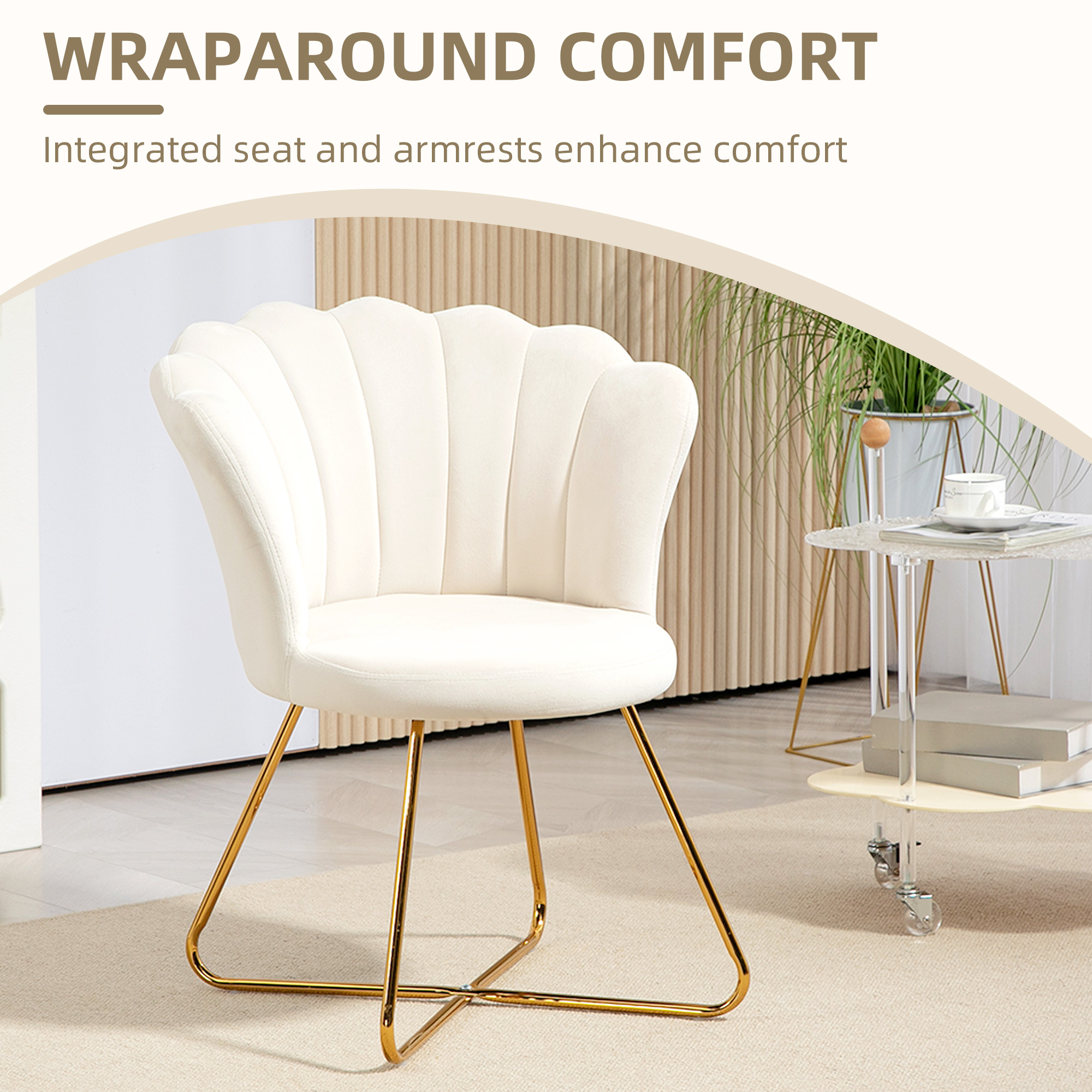 HOMCOM Velvet-Feel Lotus Petal Accent Chair Cream 4