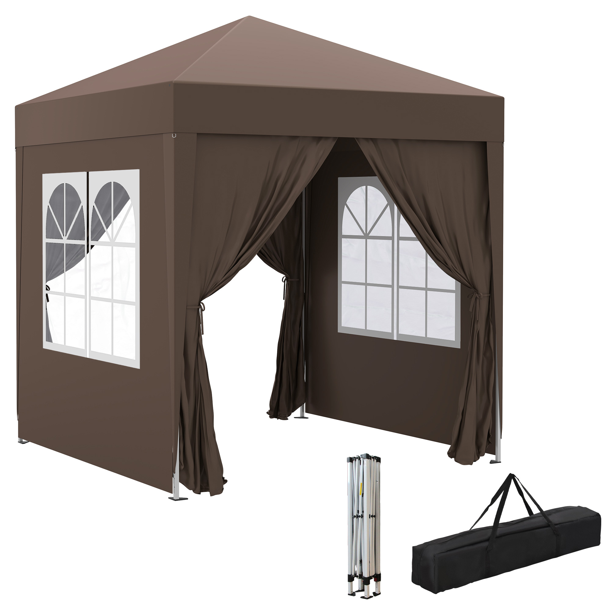 Outsunny Tonnelle Barnum Pliant Pop-Up Imperméabilisé 4 Parois Latérales Amovibles 2 Fenêtres Sac de Transport Acier Oxford 2 x 2 x 2,45 m Brun