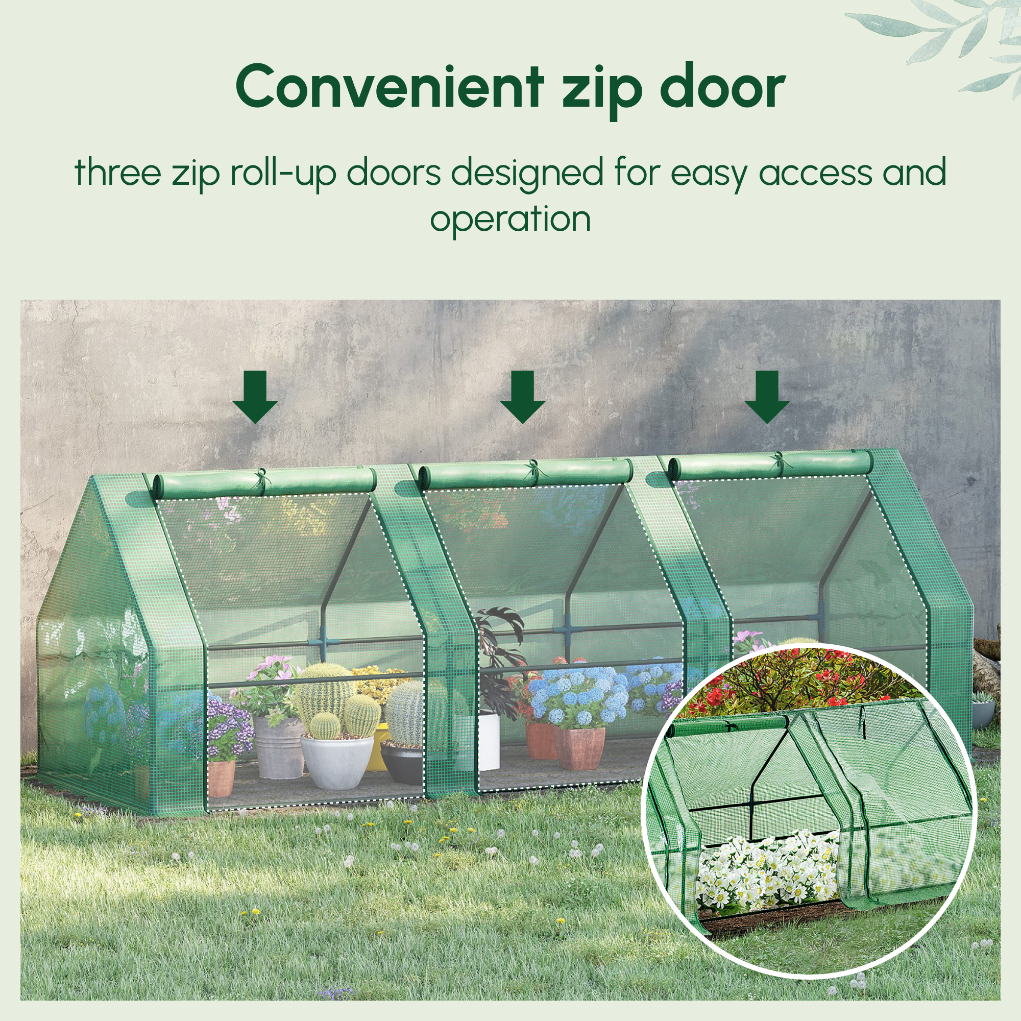 Outsunny Mini Small Greenhouse with Steel Frame & PE Cover & Zipped Window Poly tunnel Steeple for Plants Vegetables, 270 x 90 x 90 cm, Green 7