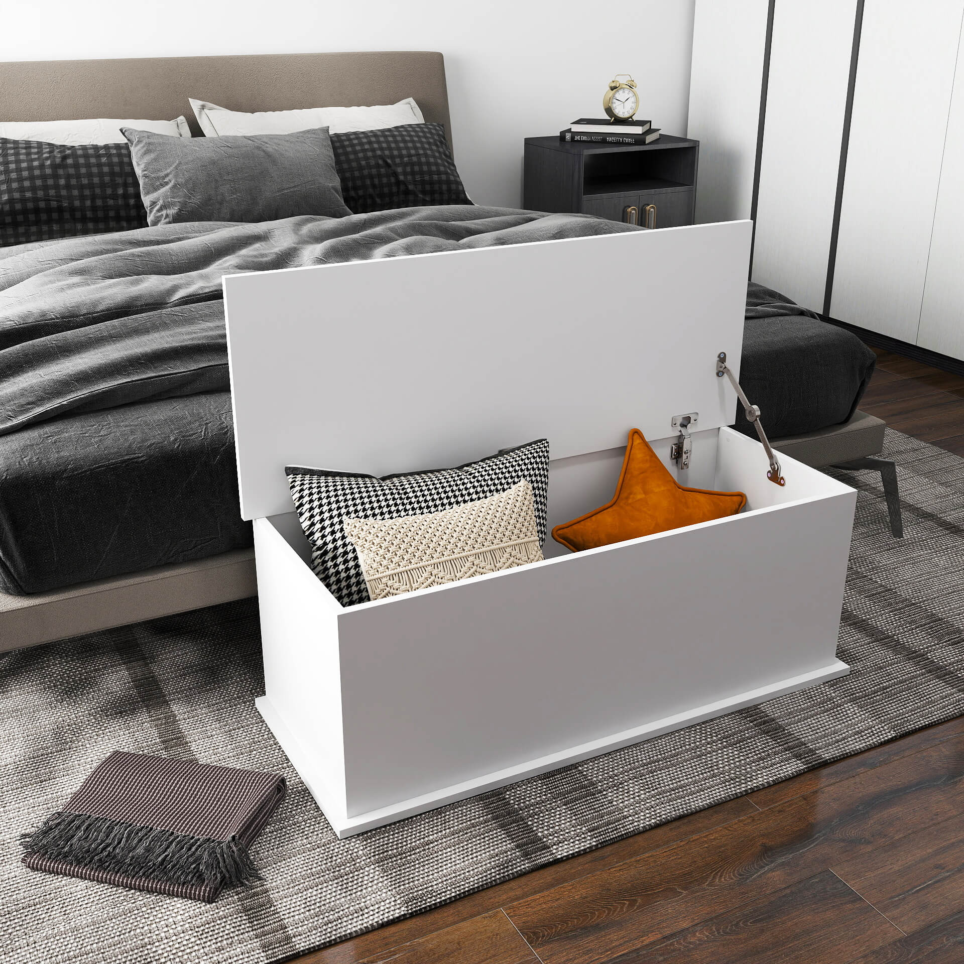 HOMCOM 113L Storage Chest, Storage Box with Flip-Top Lid and 2 Safety Hinges, Storage Trunk for Living Room, Entryway, 100 x 40 x 40 cm, White 2