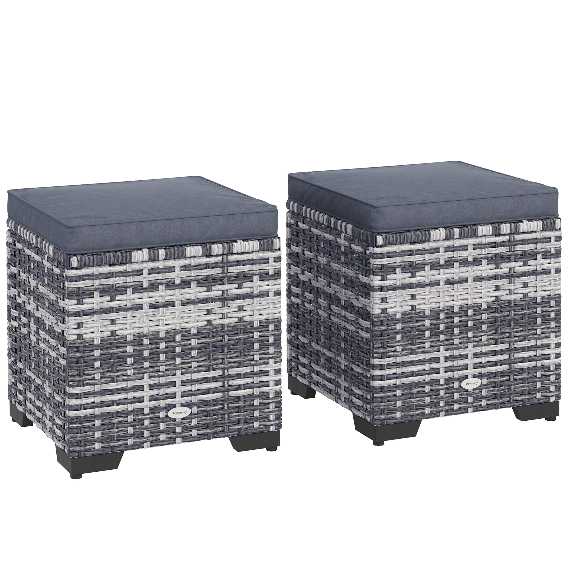 Outsunny Set of 2 Rattan Storage Ottoman, Outdoor Footstool with Removable Cushions, Garden Storage Seat for Balcony, Porch, Living Room, Dark Grey