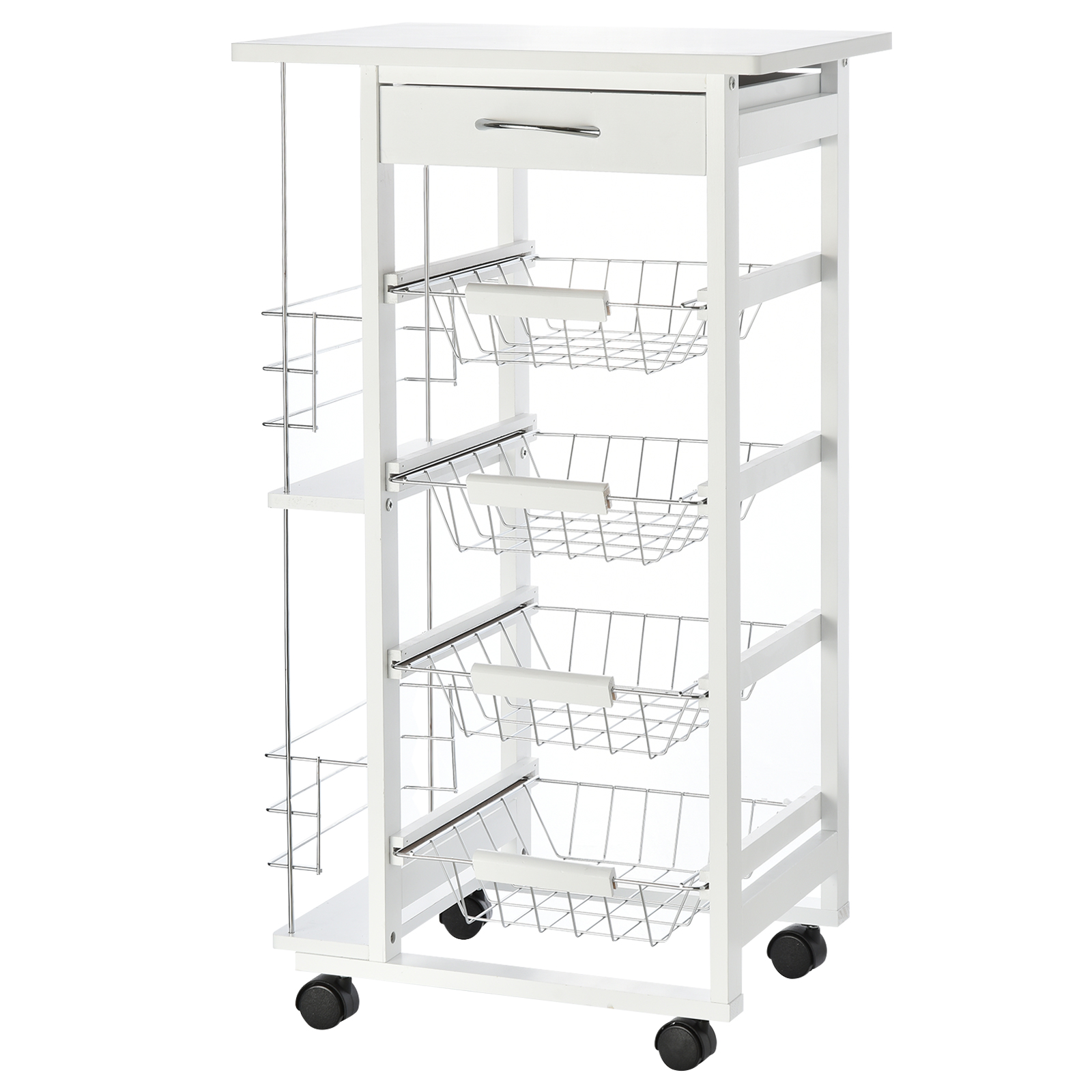 HOMCOM Desserte cuisine à roulettes avec tiroir, 4 paniers et étagères latérales, 47 x 37 x 83 cm, blanc