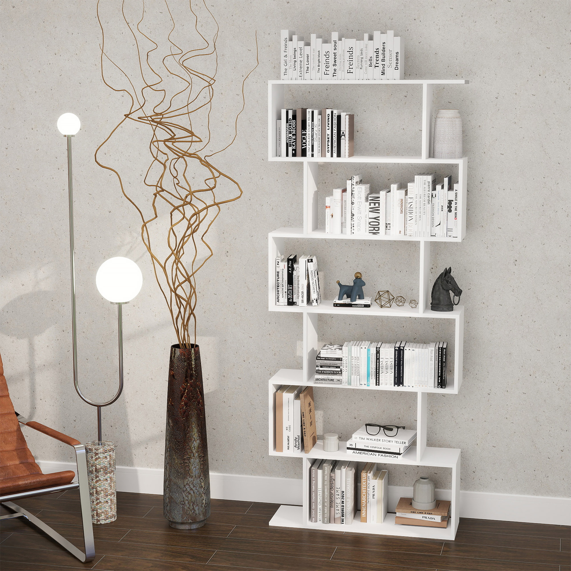 HOMCOM Bookcase, 6 Tier Shelf S Shaped Bookshelf, Storage Unit, Display Shelf for Living Room, Bedroom, Home Office, Plant, White 2