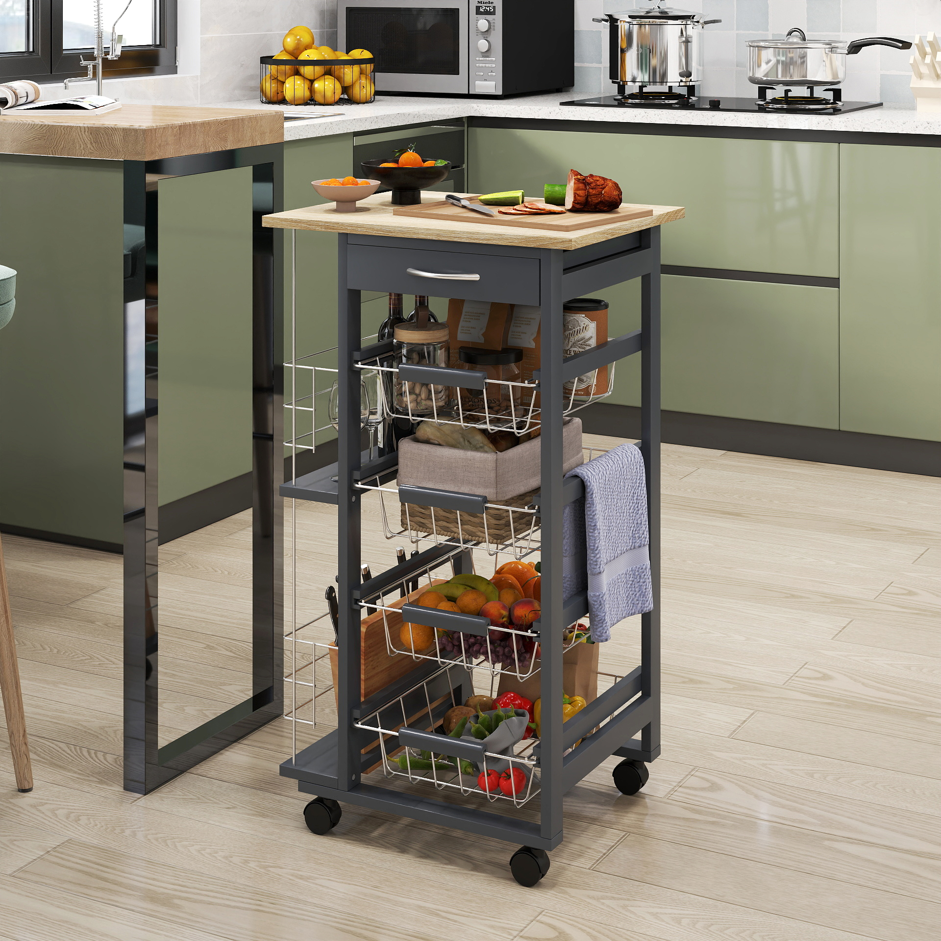 HOMCOM Rolling Kitchen Cart, Utility Storage Cart with 4 Basket Drawers & Side Racks, Wheels for Dining Room, Grey 2