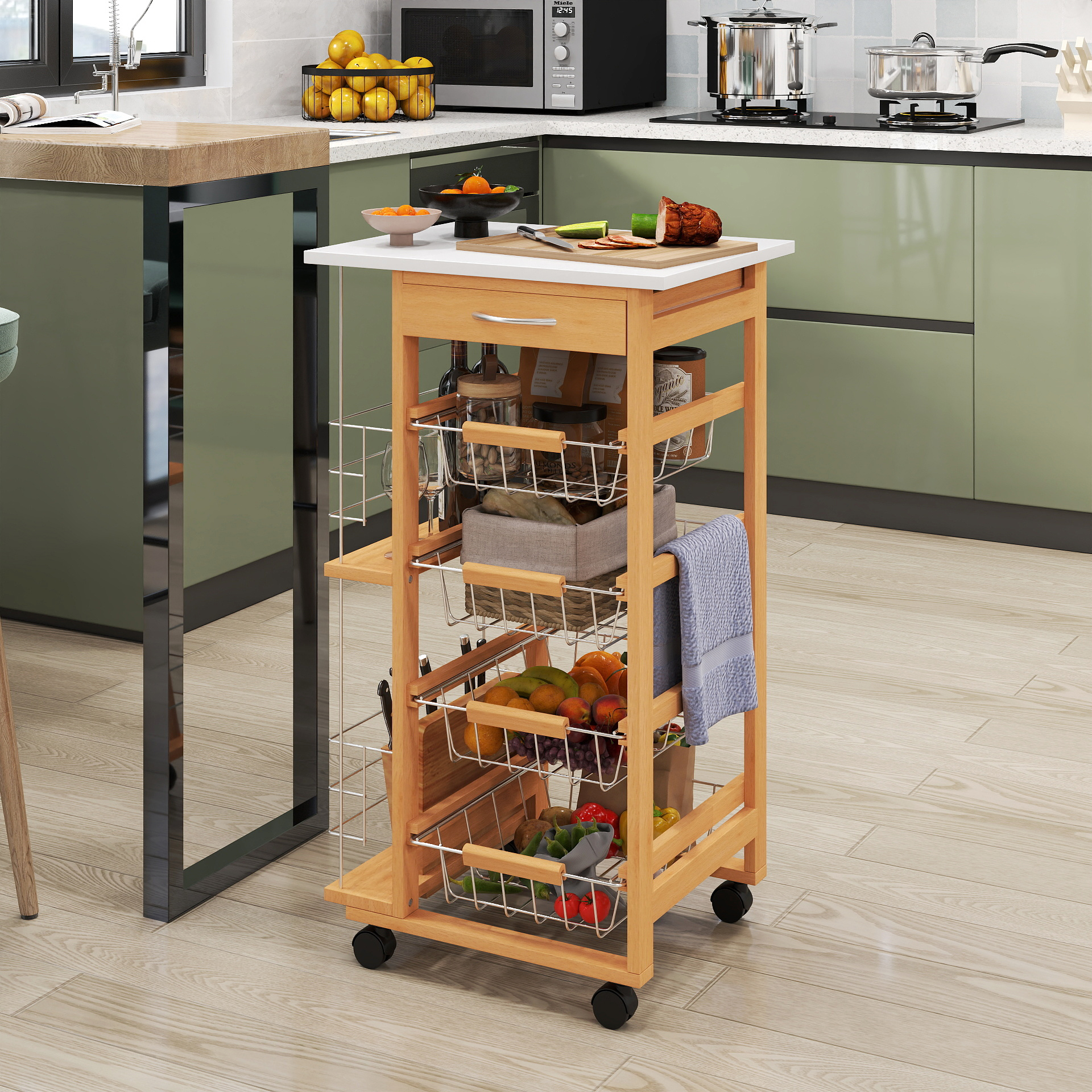 HOMCOM Rolling Kitchen Cart, Utility Storage Cart with 4 Basket Drawers & Side Racks, Wheels for Dining Room, Brown 2