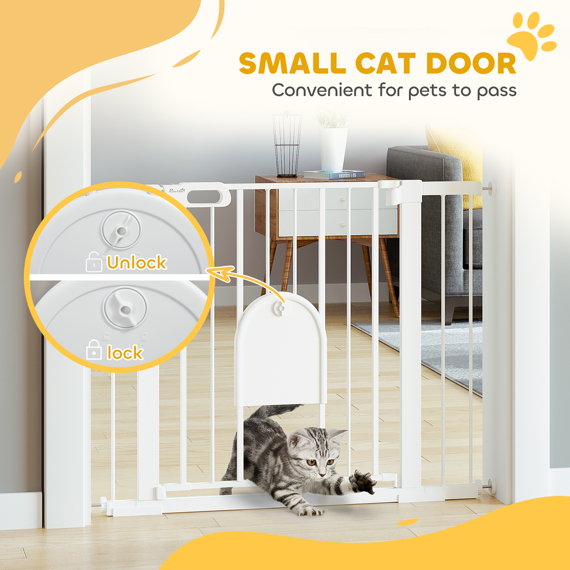 PawHut Dog Gate with Cat Flap Pet Safety Gate Barrier, Stair Pressure Fit, Auto Close, Double Locking, for Doorways, Hallways, 75-103 cm White 6