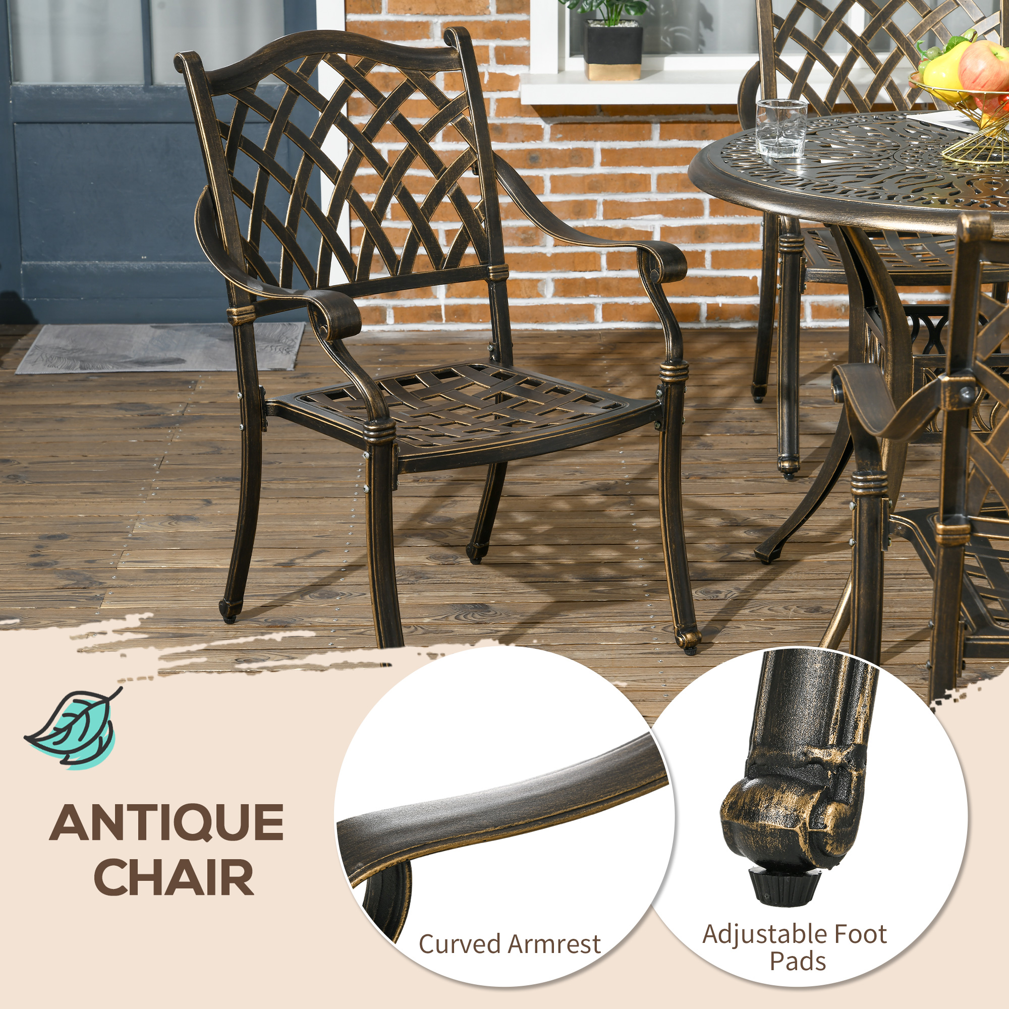 Outsunny 5-Piece Outdoor Furniture Dining Set, Cast Aluminum Conversation Set Includes 4 Chairs and Φ90cm Round Table with Φ50mm Umbrella Hole for Patio Garden Deck, Flower Design 4