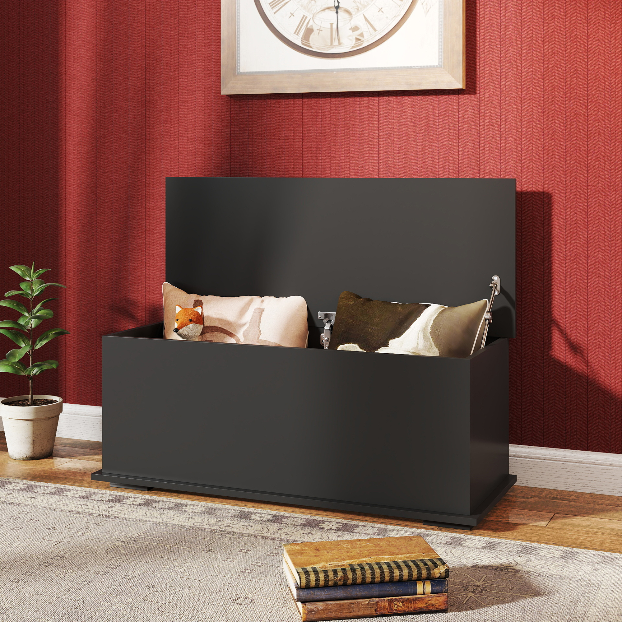 HOMCOM 113L Storage Chest, Storage Box with Flip-Top Lid and 2 Safety Hinges, Storage Trunk for Living Room, Entryway, 100 x 40 x 40 cm, Black 2