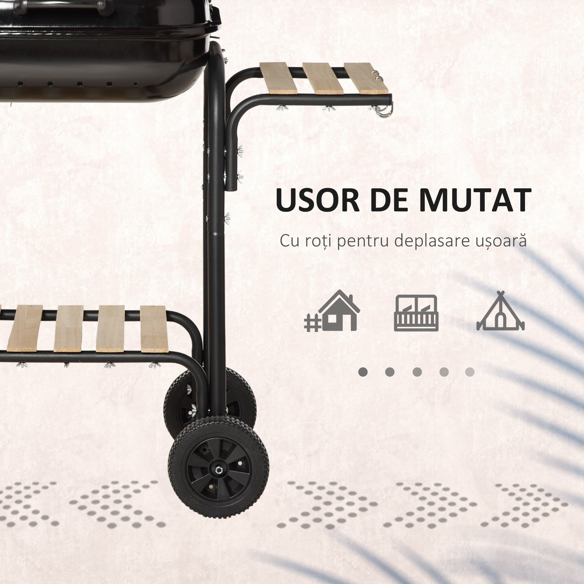  Gratar cu Carbuni, Rafturi, Roti, Capac si Priza de Aer, 113x62x97 cm, Negru [6]