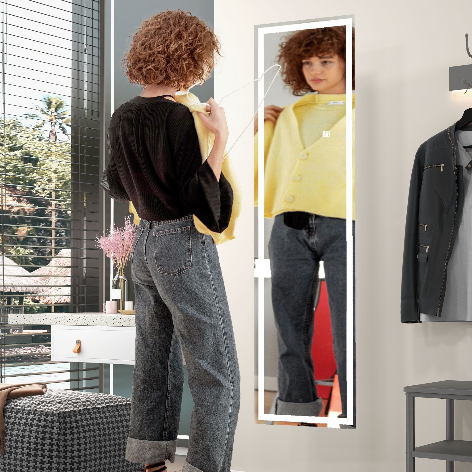 HOMCOM Standing Dressing Mirror with LED Lights, Wall Dressing Mirror for Bedroom with Dimmable and 3 Colour Lighting, White 2