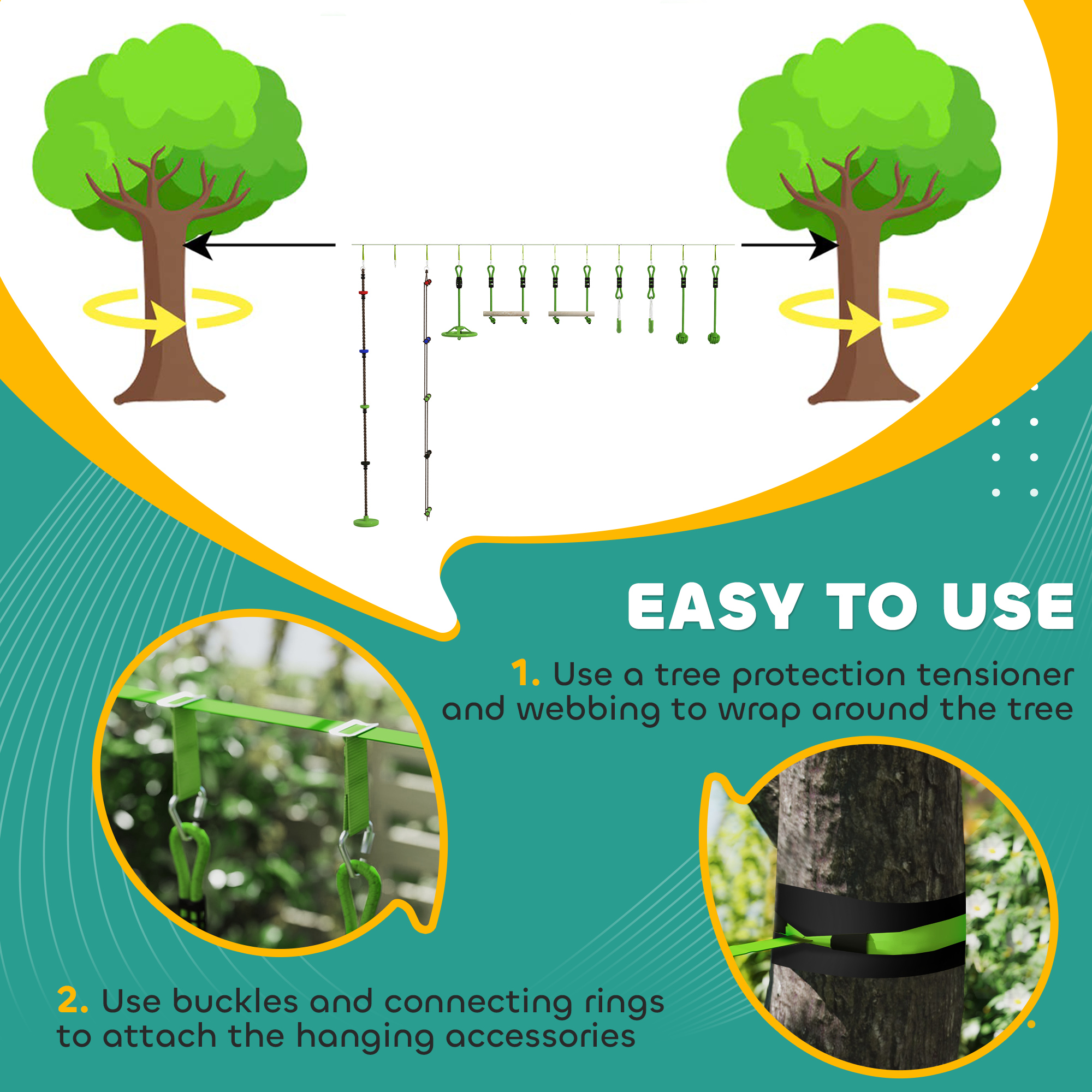 AIYAPLAY Obstacle course for Kids, with 10-Piece Slackline Kit with Monkey Bars, Gym Rings, Rope Ladder, Nest Swing, Hanging Tray 5