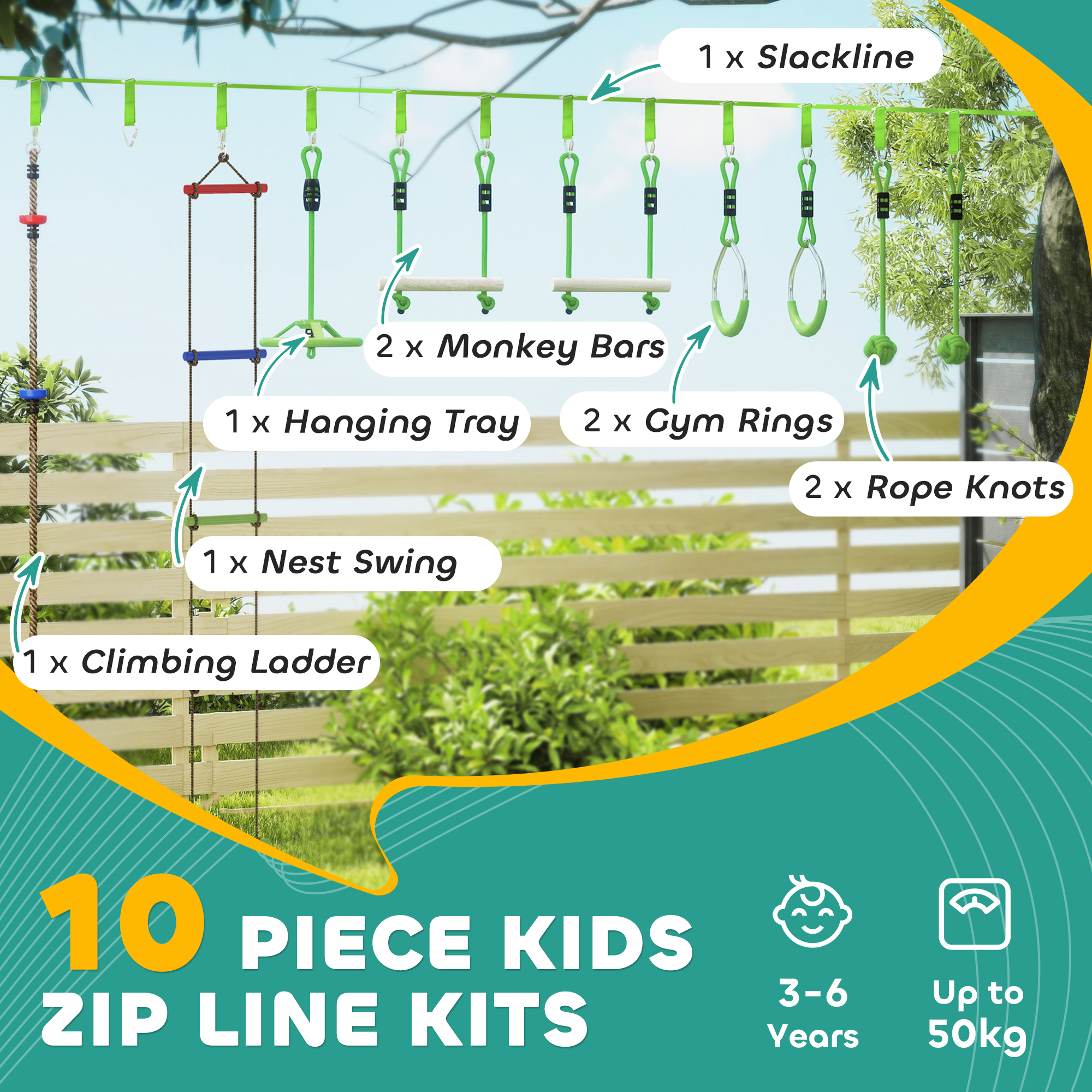 AIYAPLAY Obstacle course for Kids, with 10-Piece Slackline Kit with Monkey Bars, Gym Rings, Rope Ladder, Nest Swing, Hanging Tray 4