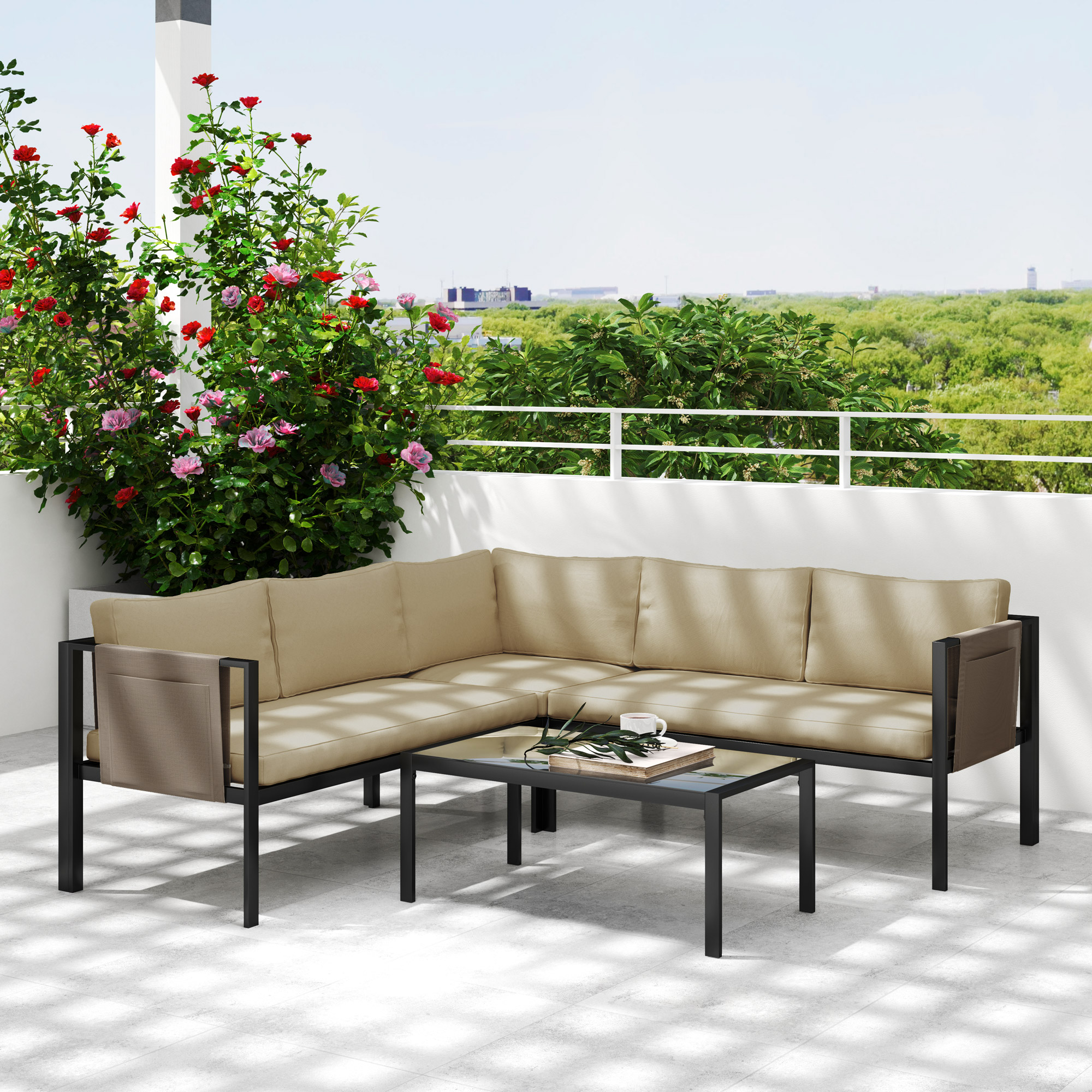 Outsunny 5 Seater Garden Corner Sofa Set, 4 Pieces Metal Garden Furniture Set with Loveseats, Glass Top Coffee Table, Breathable Mesh Pocket, Outdoor Conversation Furniture with Cushions, Khaki 8