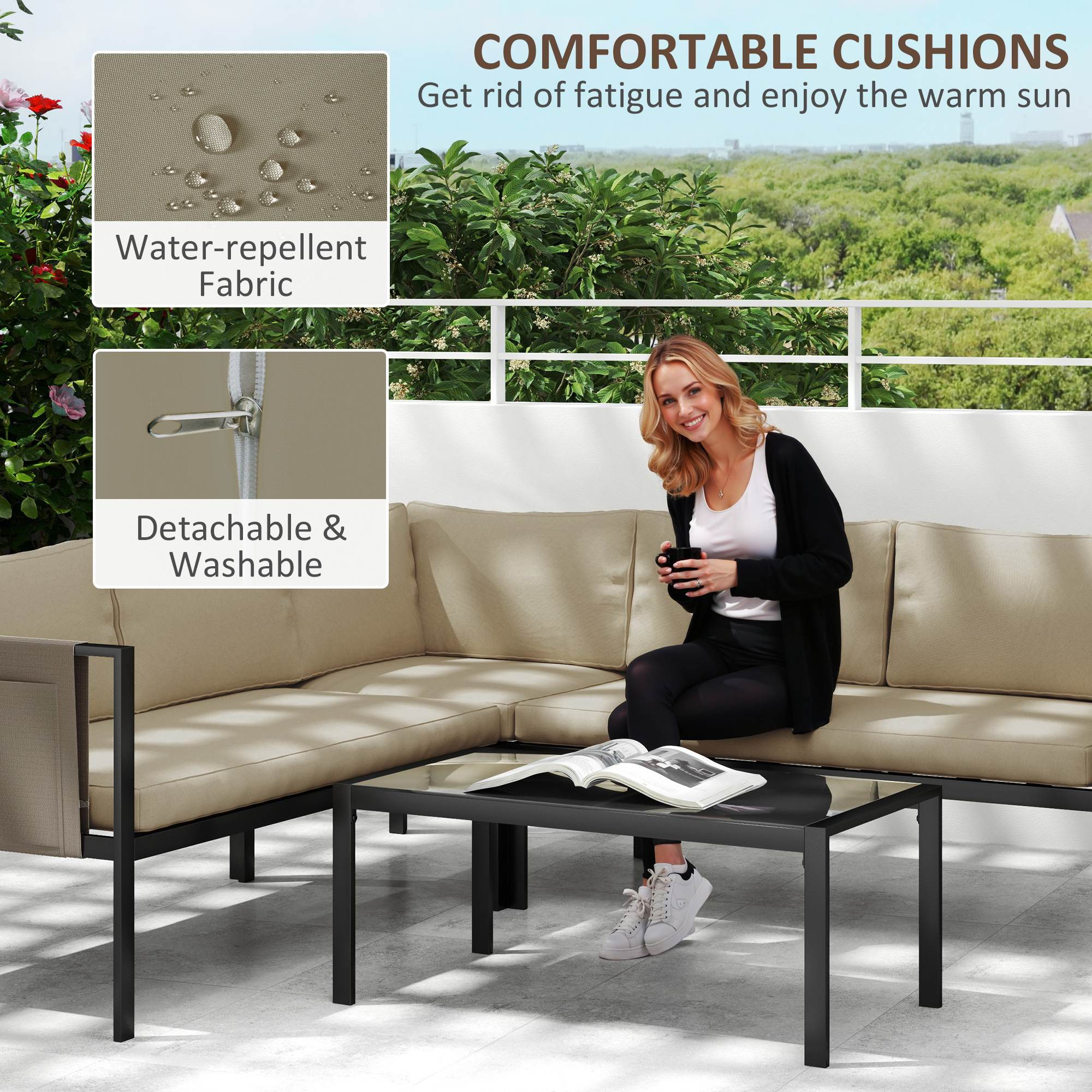 Outsunny 5 Seater Garden Corner Sofa Set, 4 Pieces Metal Garden Furniture Set with Loveseats, Glass Top Coffee Table, Breathable Mesh Pocket, Outdoor Conversation Furniture with Cushions, Khaki 6