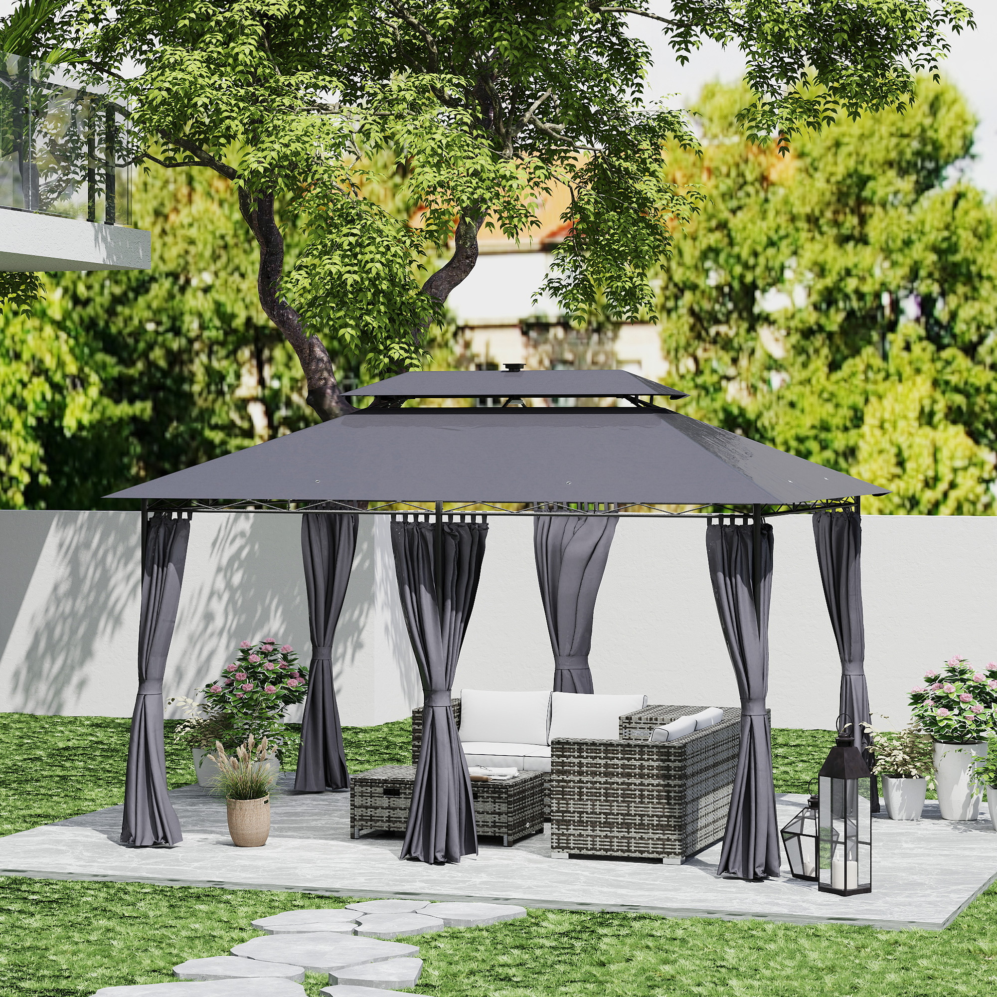 Tonnelle De Jardin OUTSUNNY 3x4 M Avec Moustiquaire Et Lumières LED Solaire - Barnum Pour Terrasse, Mariage