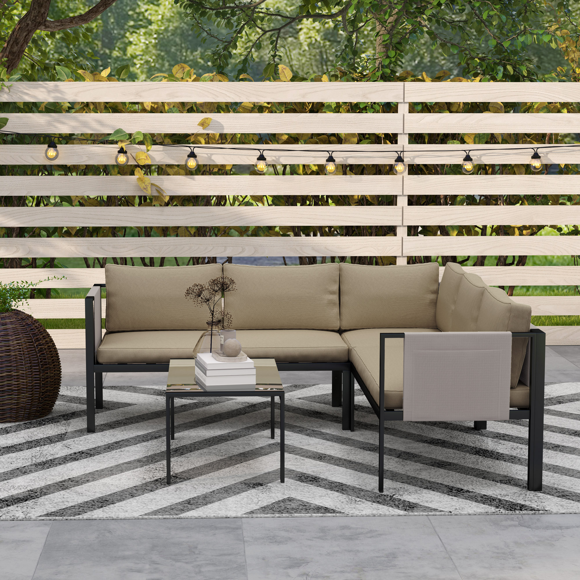 Outsunny 5 Seater Garden Corner Sofa Set, 4 Pieces Metal Garden Furniture Set with Loveseats, Glass Top Coffee Table, Breathable Mesh Pocket, Outdoor Conversation Furniture with Cushions, Khaki 9