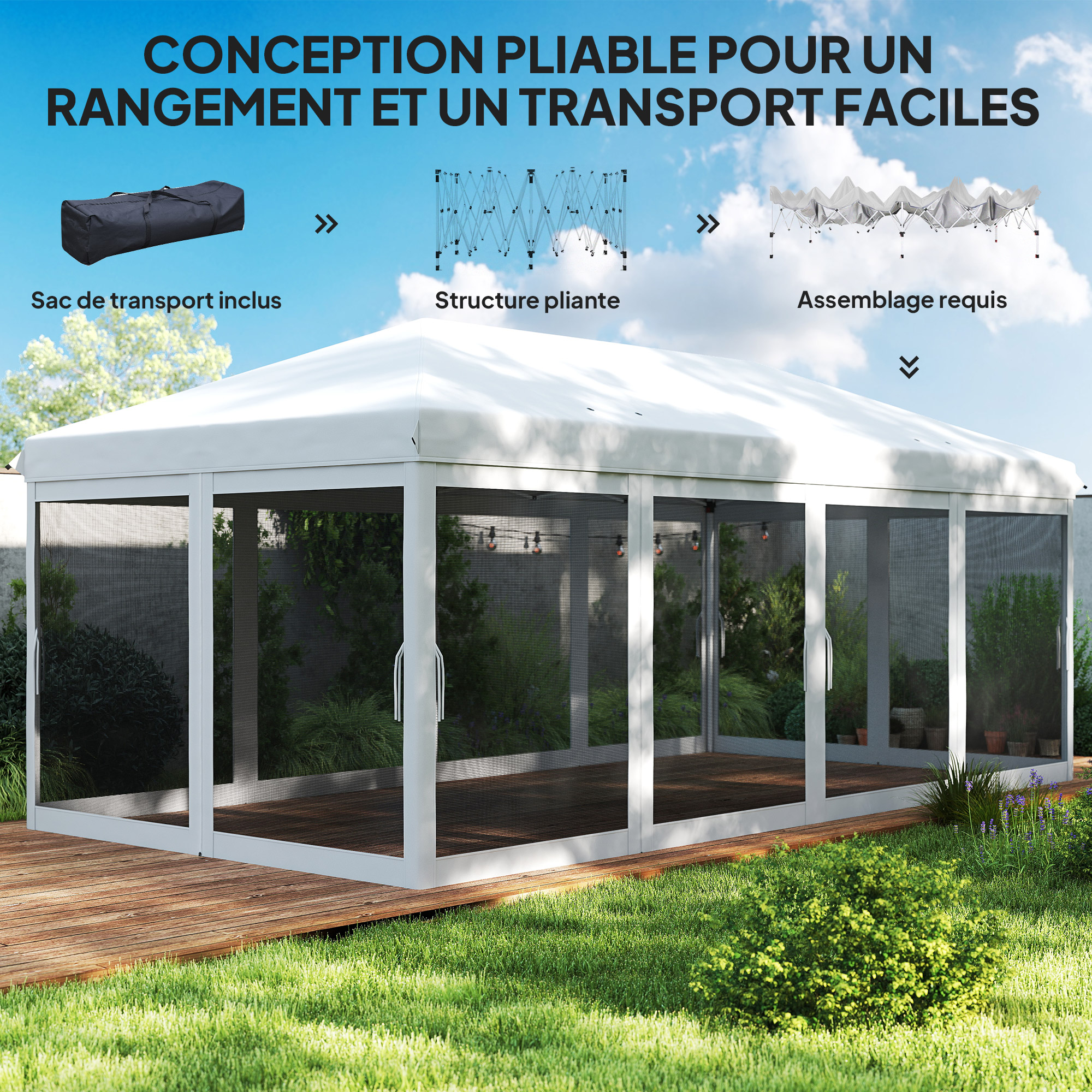 Tonnelle De Jardin JUMMICO 3,24x3,24 M Pliante - Toit Double, Moustiquaire, UV50+, Housse à Roulettes, Résistante Vent/pluie - 10