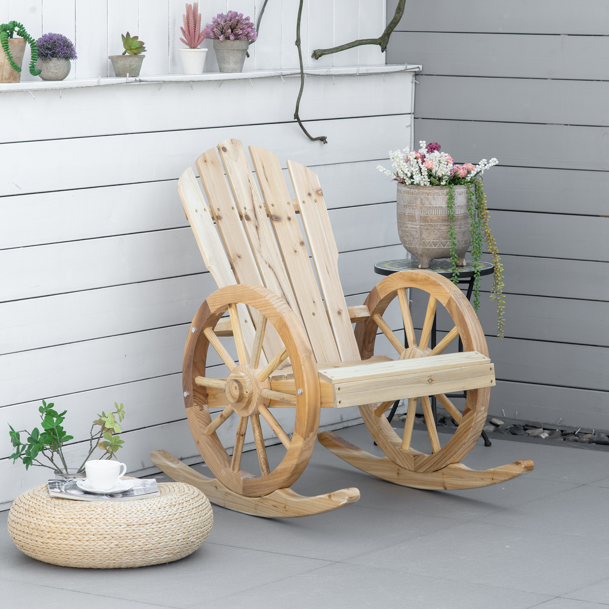 Outsunny 2 Piece Wooden Adirondack Rocking Chair Reclining Armchair Outdoor Garden Furniture Patio Porch Rocker Natural 2