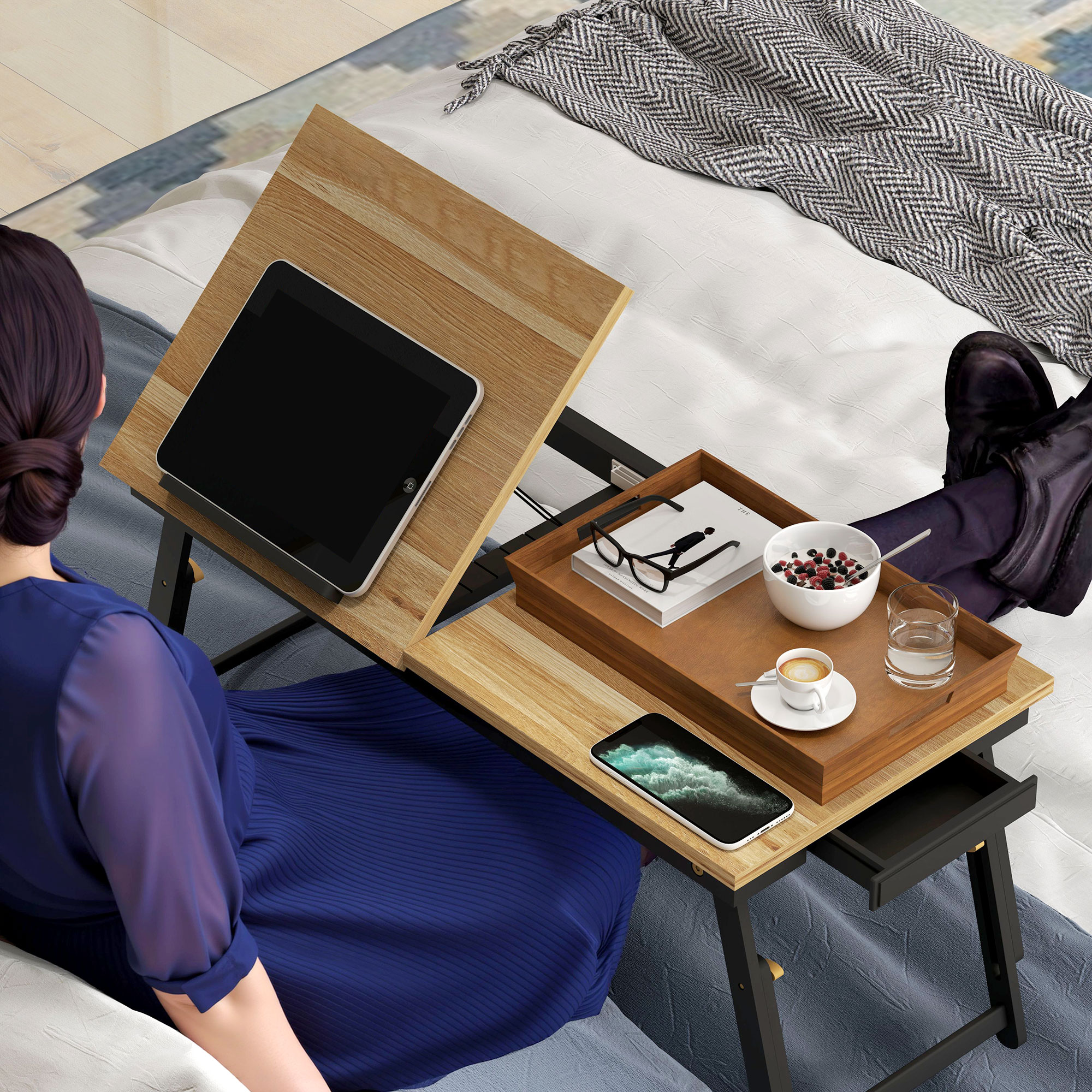 Table De Lit Pliable En Bambou 66x35cm - Plateau Ordinateur Avec Tiroir Et Pieds Réglables