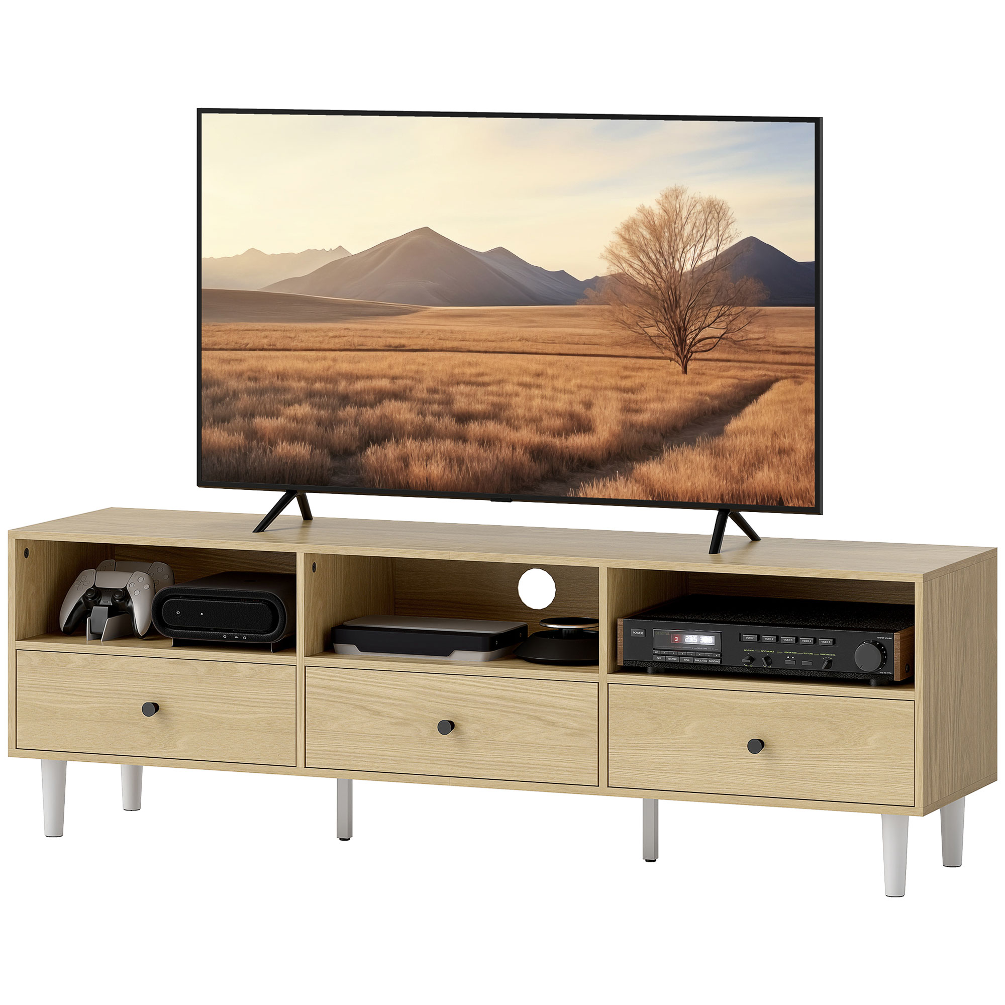 HOMCOM Meuble TV pour jusqu'à 75 avec 3 tiroirs, 3 étagères ouvertes et passe-câbles, 140 x 34 x 45 cm, bois naturel