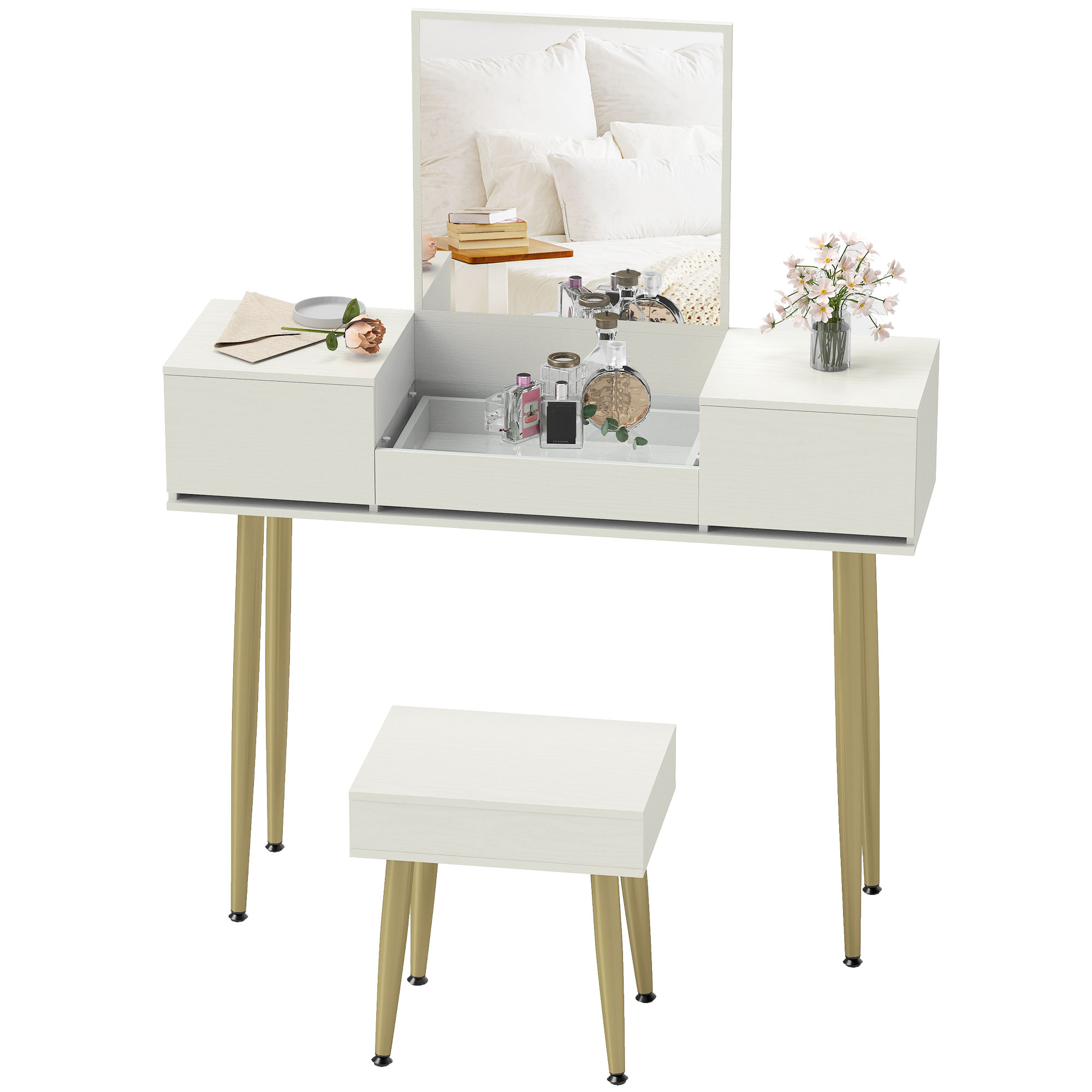 HOMCOM Coiffeuse avec miroir et tabouret avec 3 tiroirs et pieds en métal, plateau en verre trempé, blanc