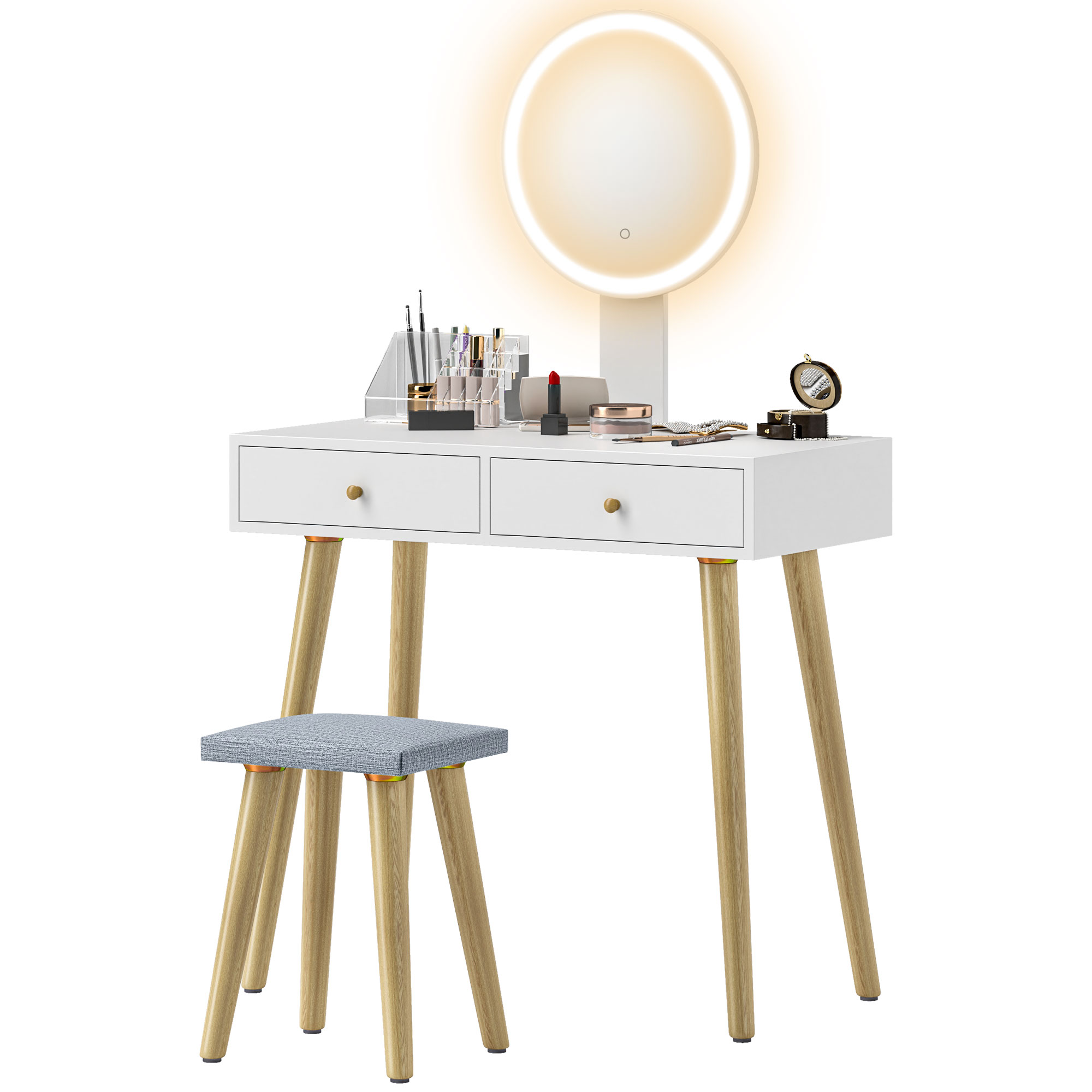 HOMCOM Coiffeuse avec miroir LED à luminosité et 3 couleurs réglable, tabouret rembourré, 2 tiroirs et organisateur, blanc