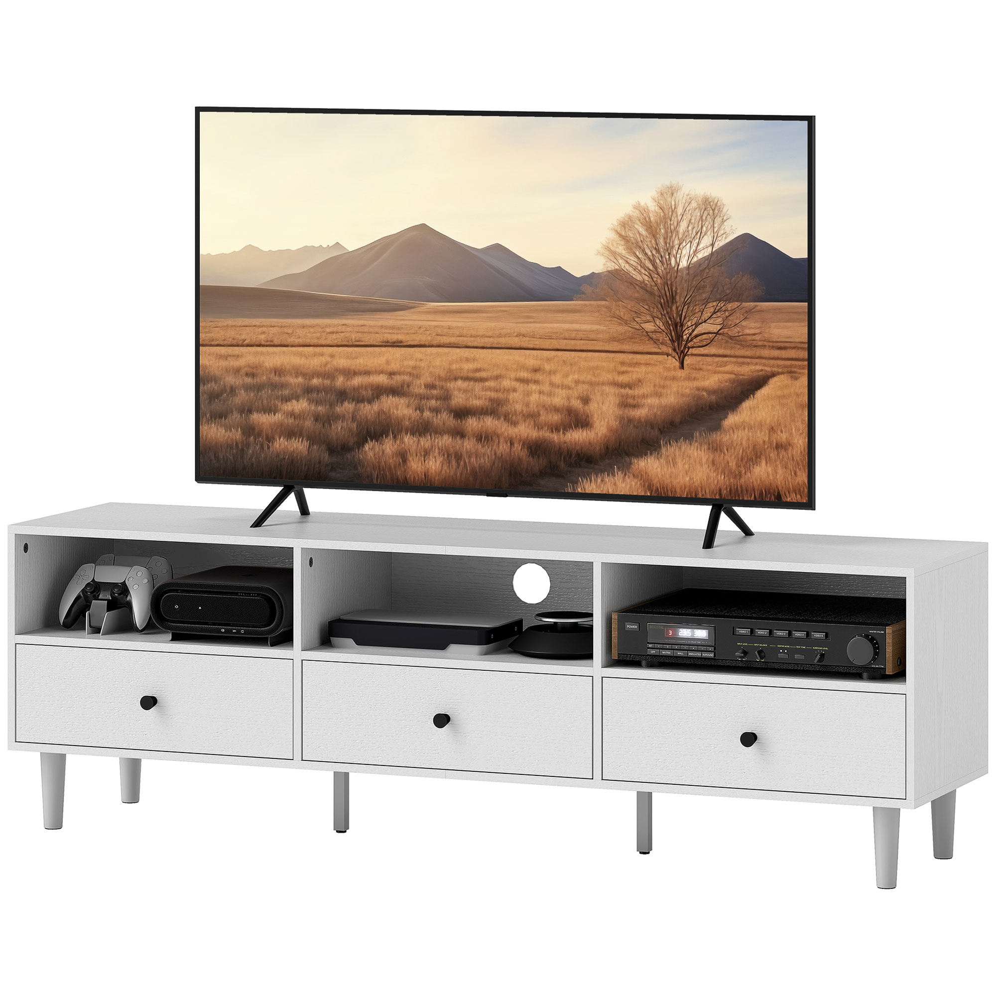 HOMCOM Meuble TV pour jusqu'à 75 avec 3 tiroirs, 3 étagères ouvertes et passe-câbles, 140 x 34 x 45 cm, blanc