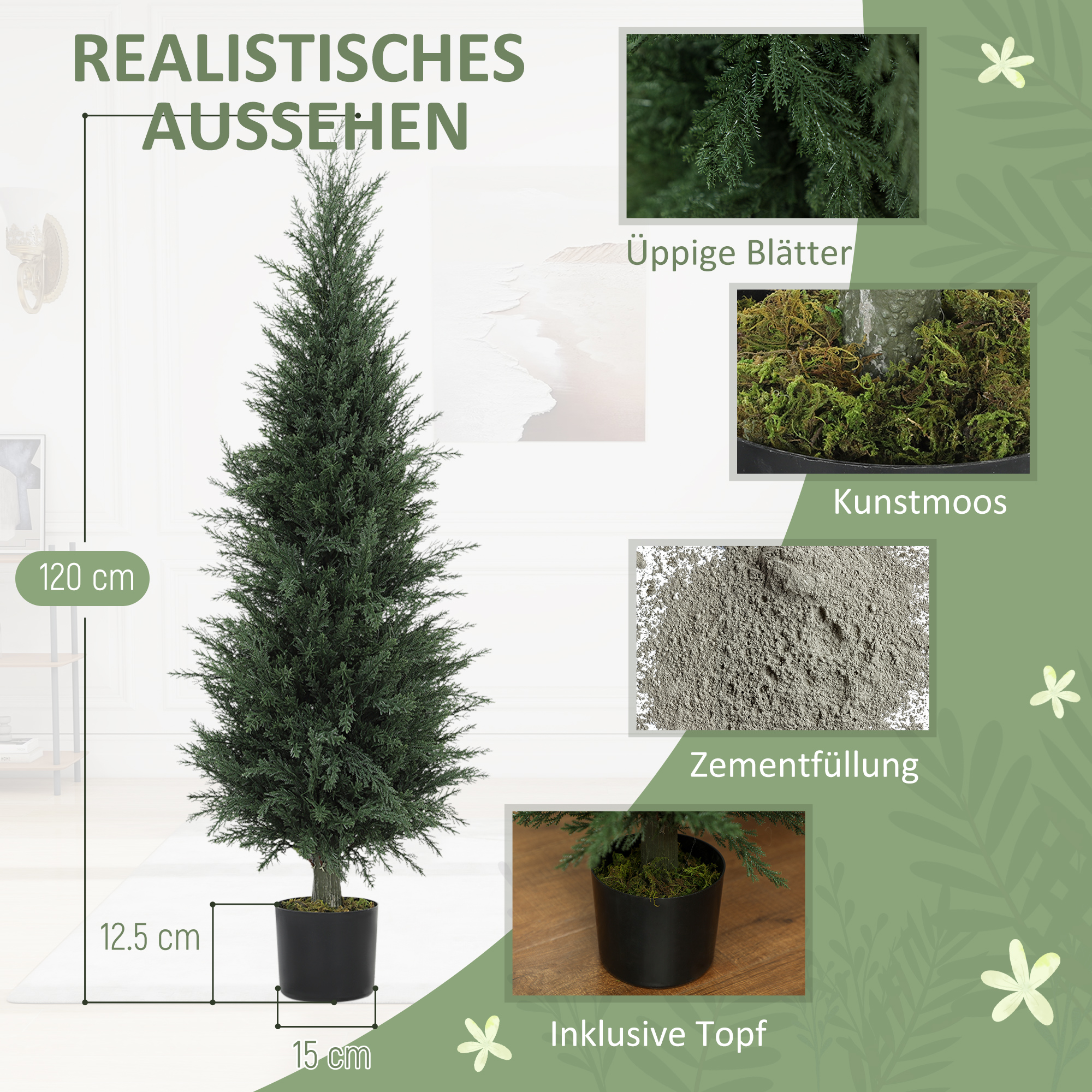 Kunstlik küpressitaim, 638 plastlehte, potiga, UV-kindel, roheline