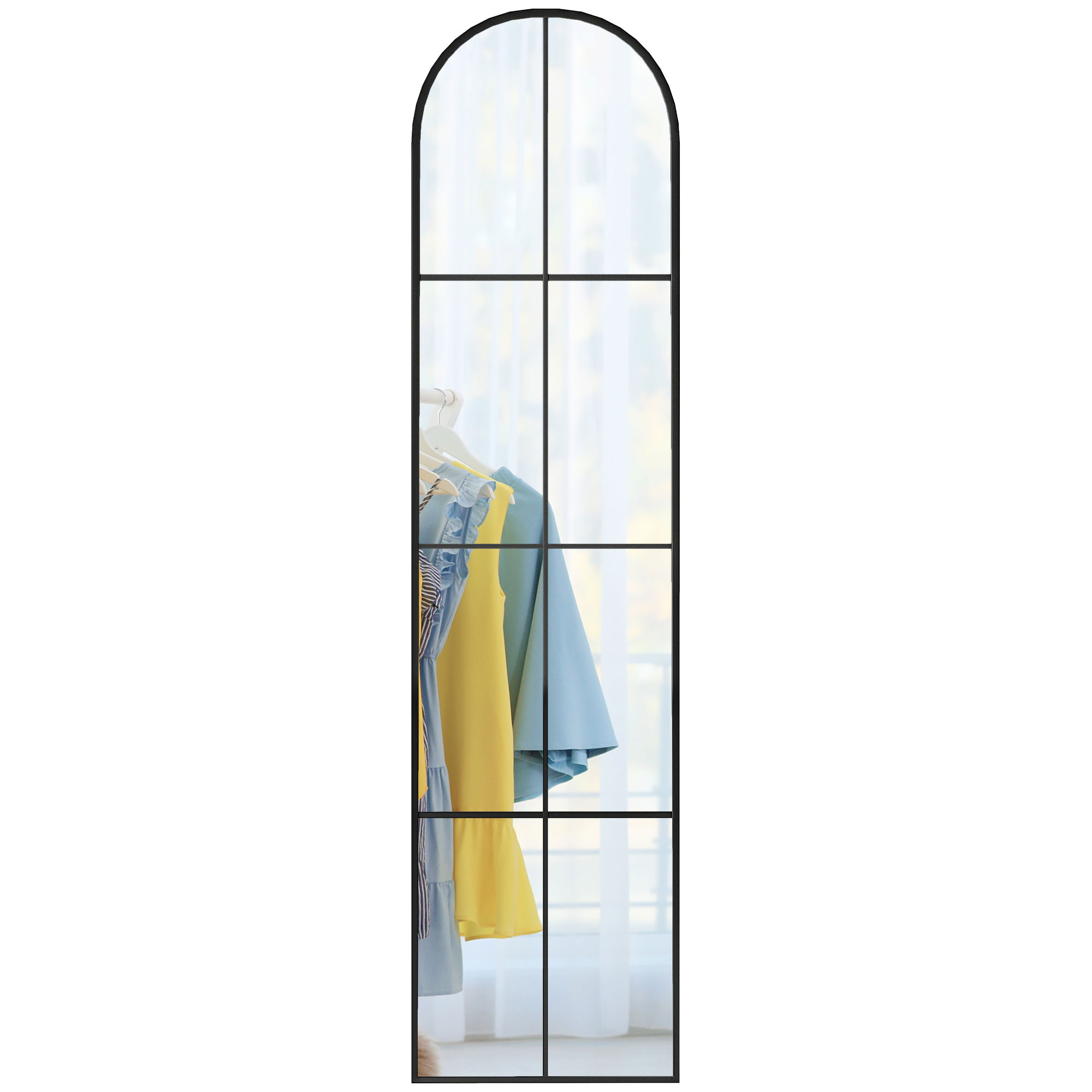 HOMCOM Grand miroir mural ou sur pied 40 x 160 cm de fenêtre arquée avec cadre en métal, film antidéflagrant, noir