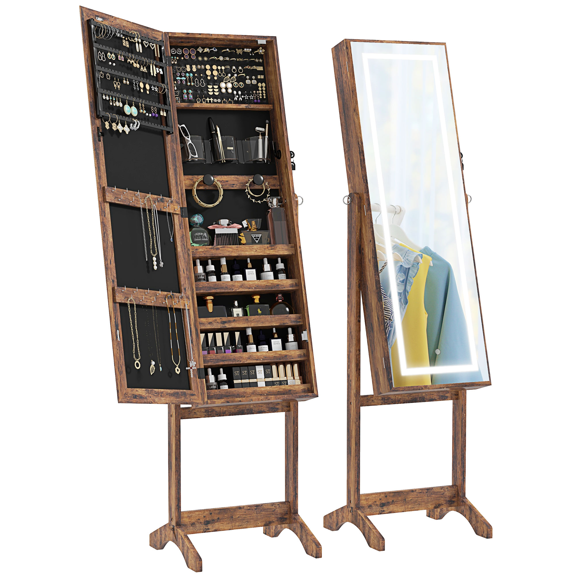 HOMCOM Armoire à bijoux LED avec miroir sur pied range bijoux avec éclairage à écran tactile marron