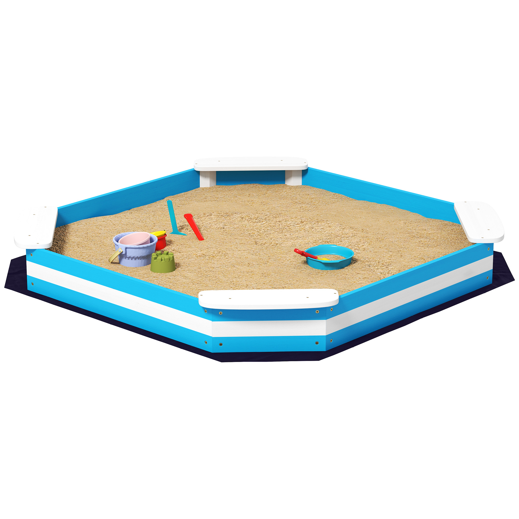 AIYAPLAY Bac à sable en bois, bac à sable pour enfants 3-6 ans avec 4 sièges, 133 x 133 x 16 cm, bleu
