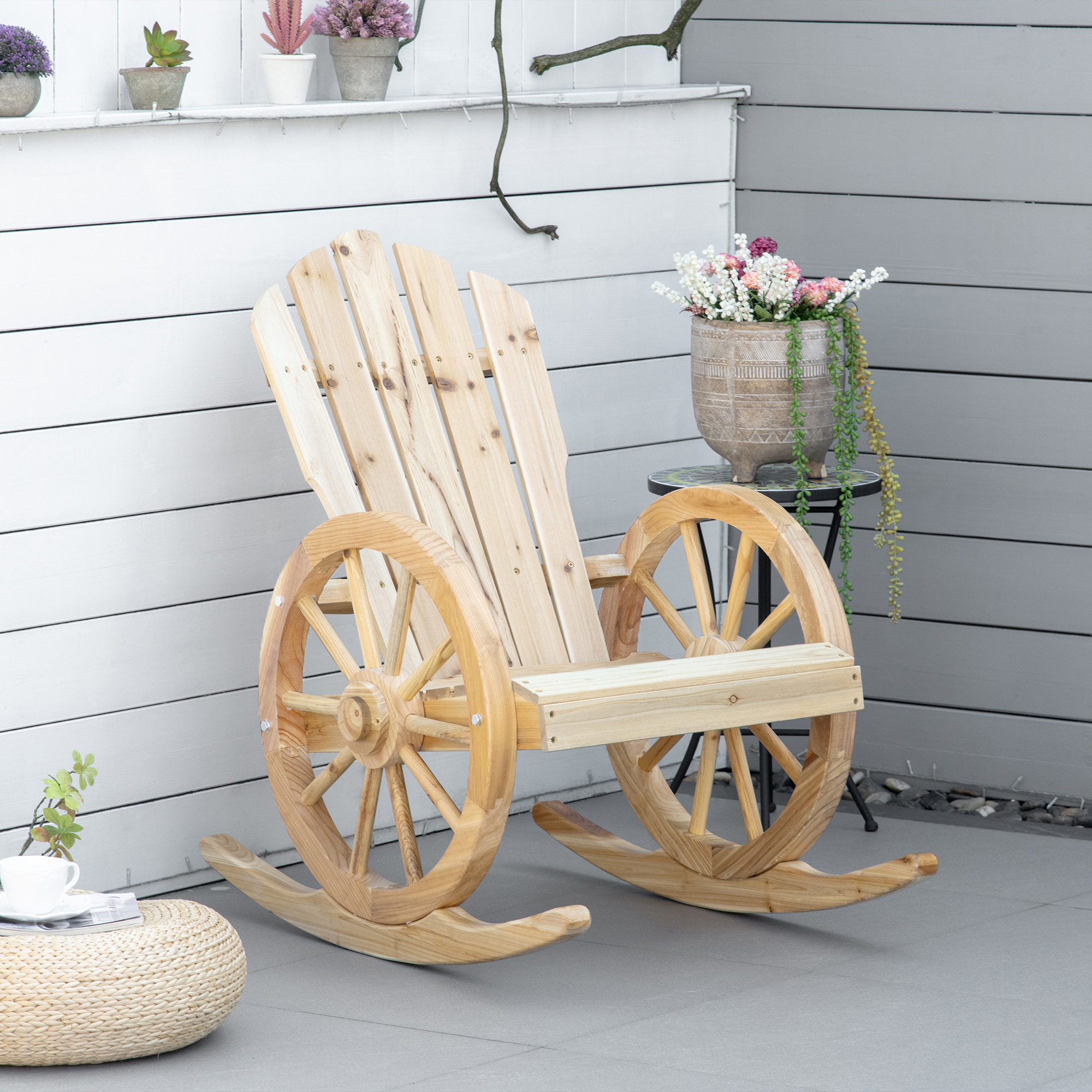 Outsunny Wooden Adirondack Rocking Chair Reclining Armchair Outdoor Garden Furniture Patio Porch Rocker Natural 2