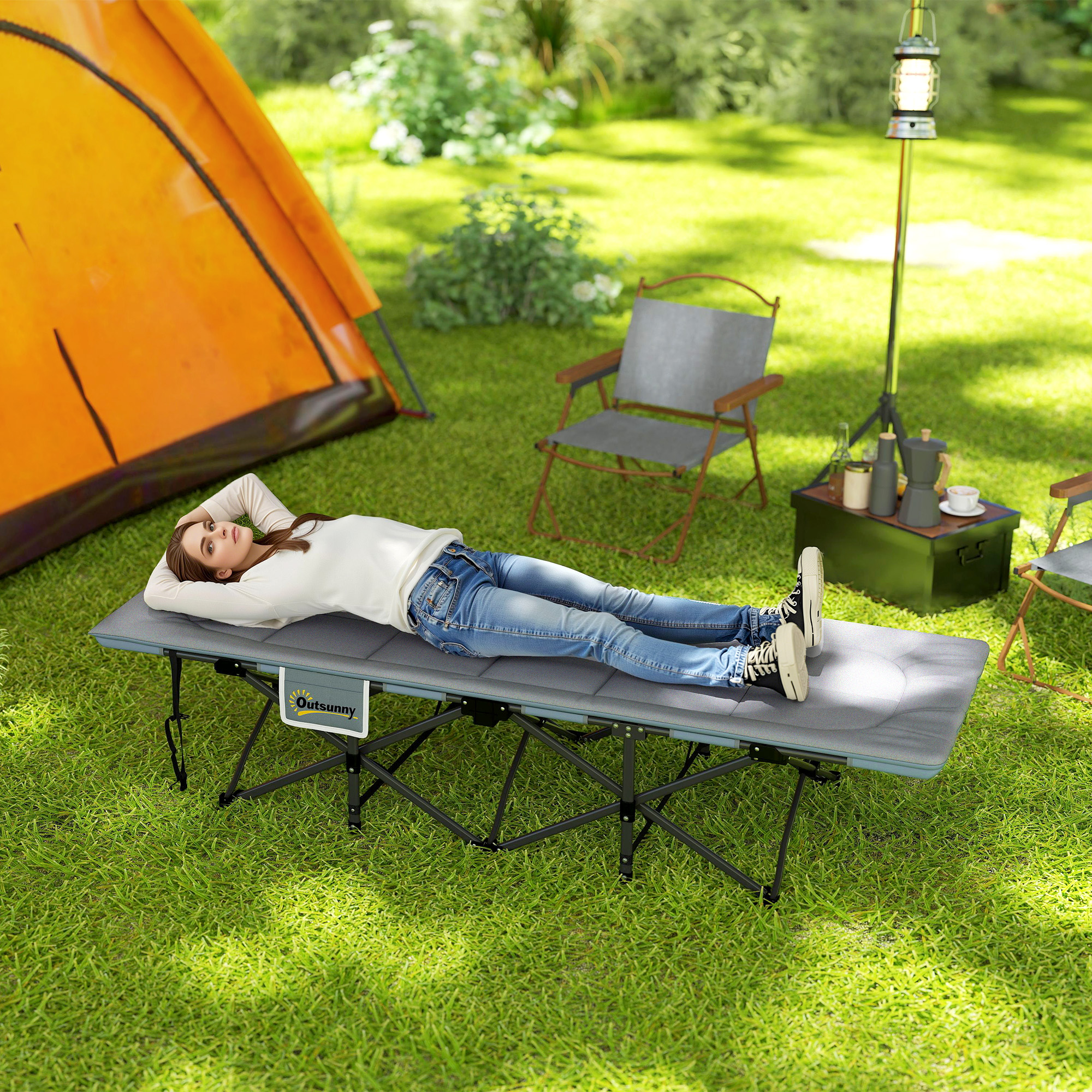 Outsunny Folding Camping Bed for Adults with Cushion, Heavy Duty Portable Travel Camping Cot with Headrest, Side Pocket and Non-Slip Foot Pads for Outdoor Beach Travel Office, Grey