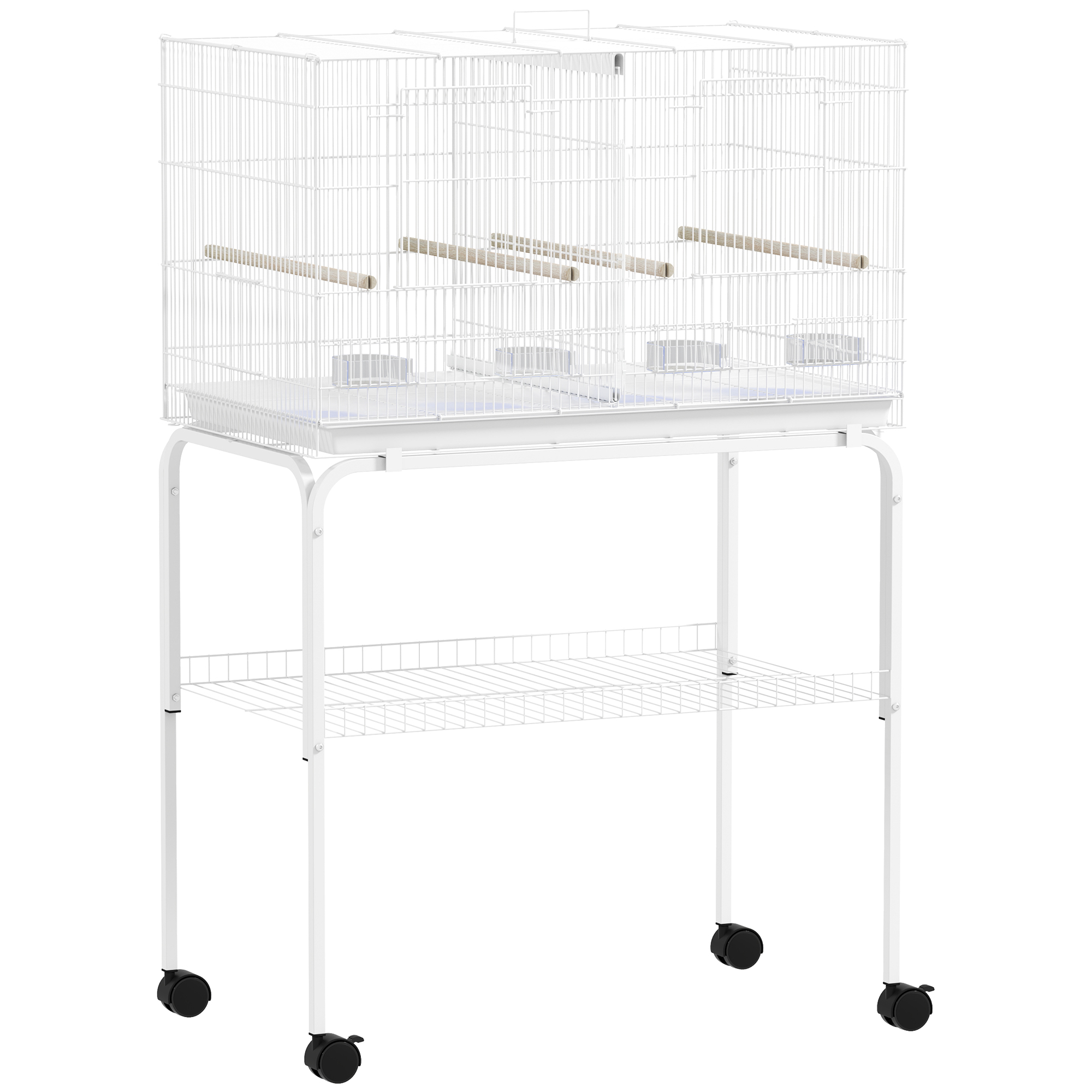 PawHut Gaiola para Pássaros com Divisória Rodas Gaiola para Aves com Comedouros Poleiros e Bandeja Removível 76x46x116 cm Branco