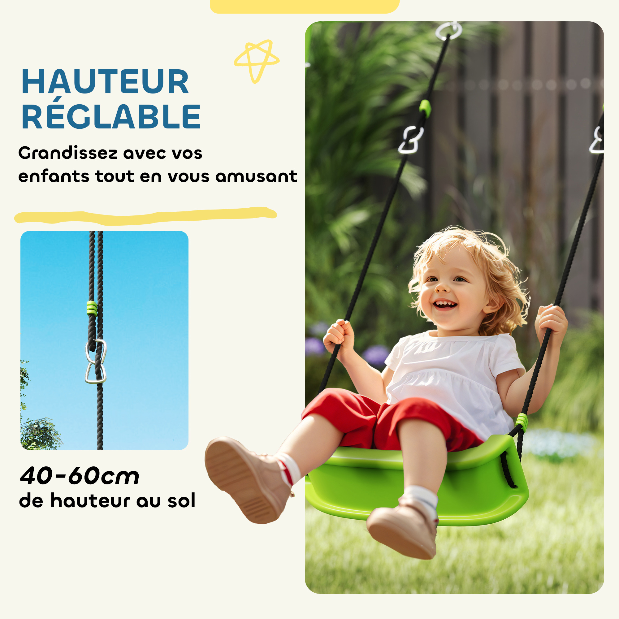 AIYAPLAY – Portique Balançoire 4-en-1 – Balançoire Nid, U, Basket, But Foot – Acier – Charge 150 Kg – 3-8 Ans