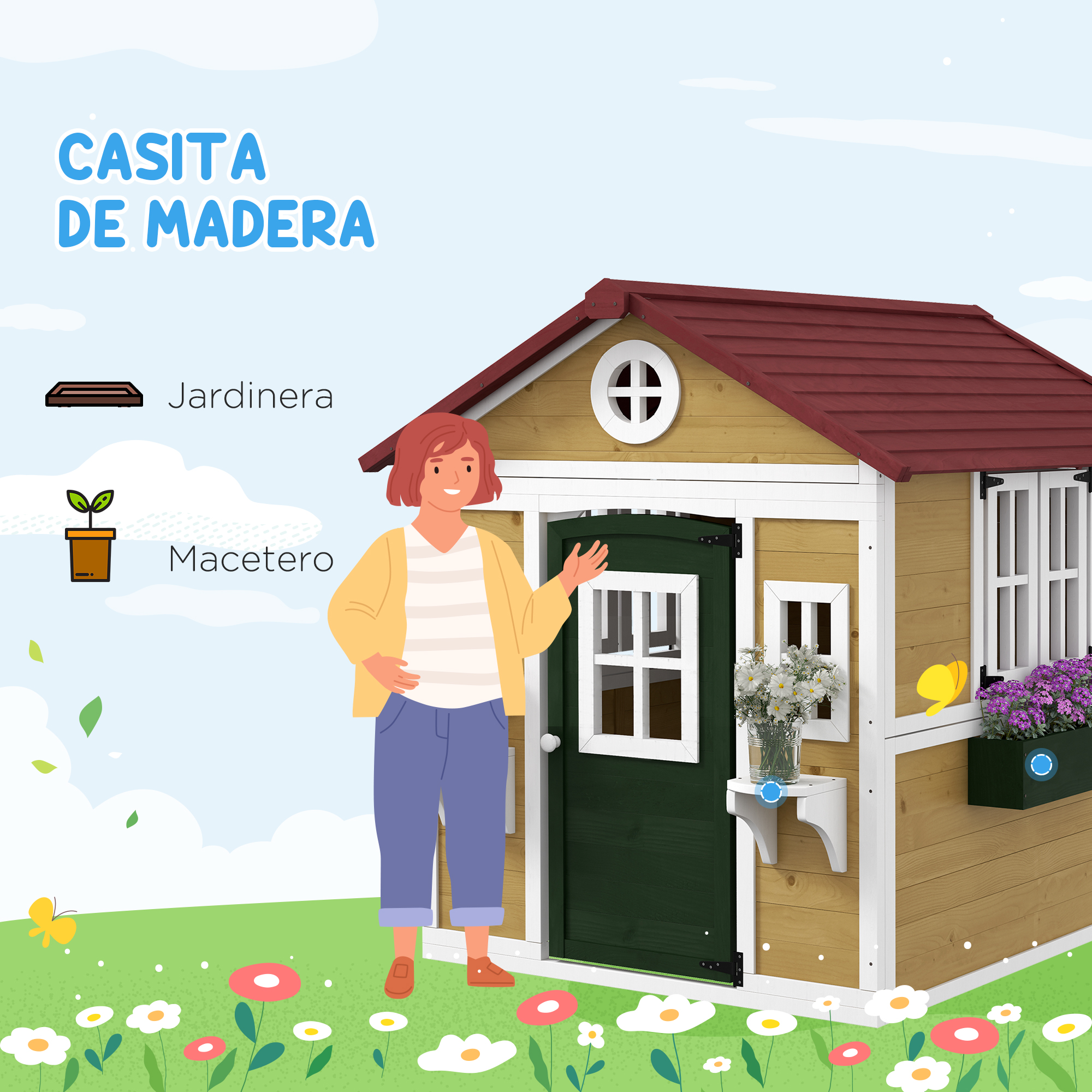 Outsunny Casa De Madera Infantil – 114x126x135 Cm, Con Puerta, Ventanas, Jardineras Y Maceteros, De Abeto Macizo, Para Niños 3–8 Años, Exterior E Interior
