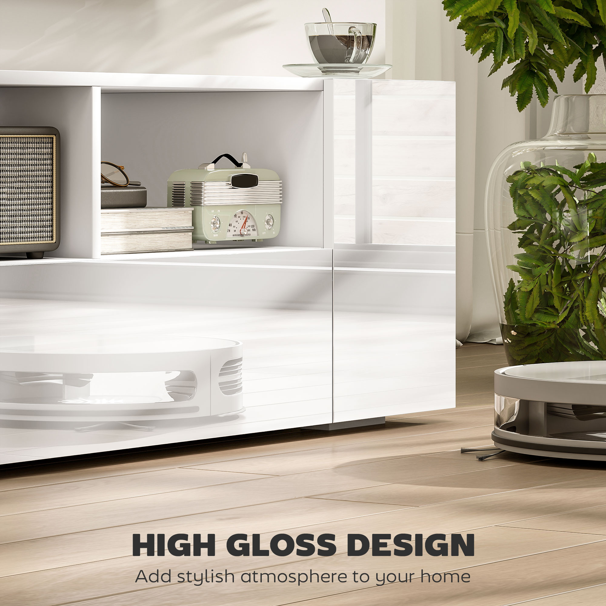 HOMCOM 16 LED Light TV Stand, with Storage High Gloss White 4