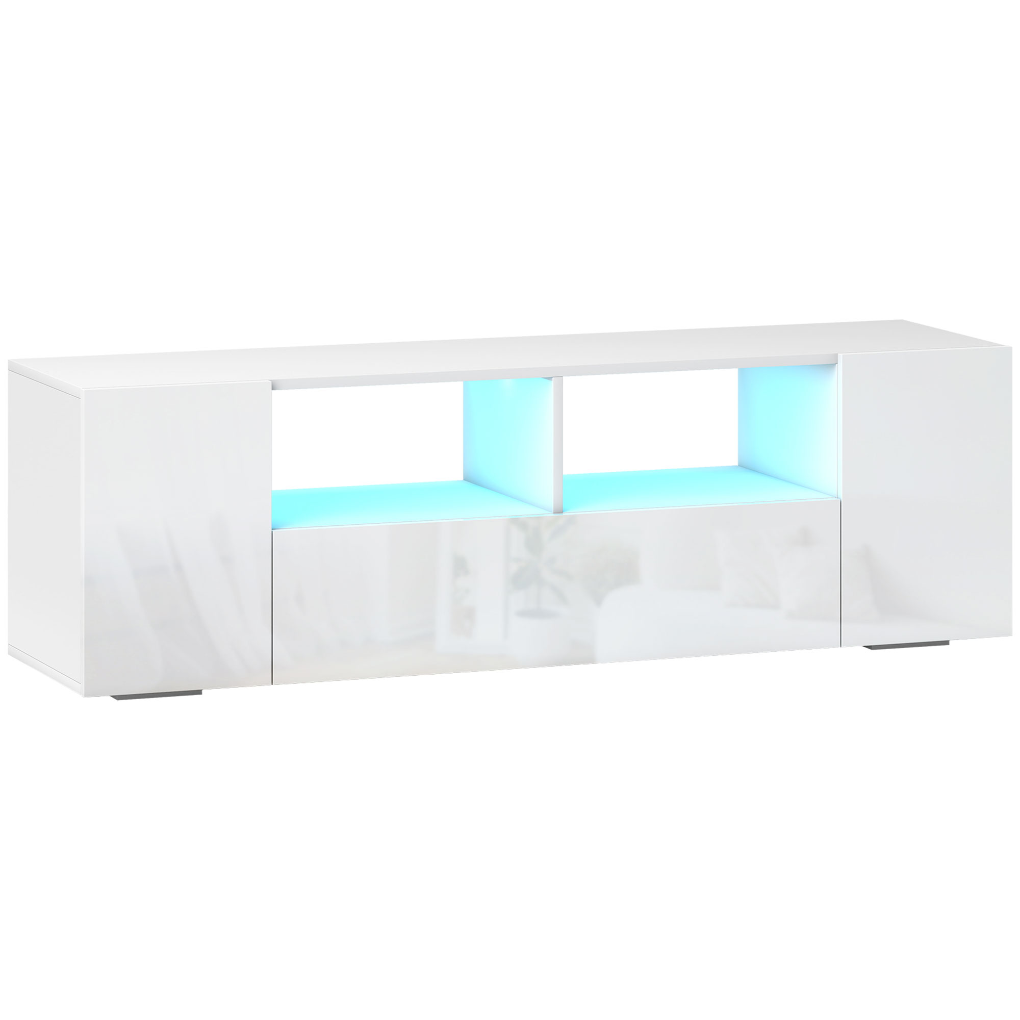 HOMCOM Meuble TV, banc TV, meuble de télévision, jusqu'à 60 pouces, avec LED, 2 étagères et placards, panneau de porte brillant, 137x35x42cm, blanc