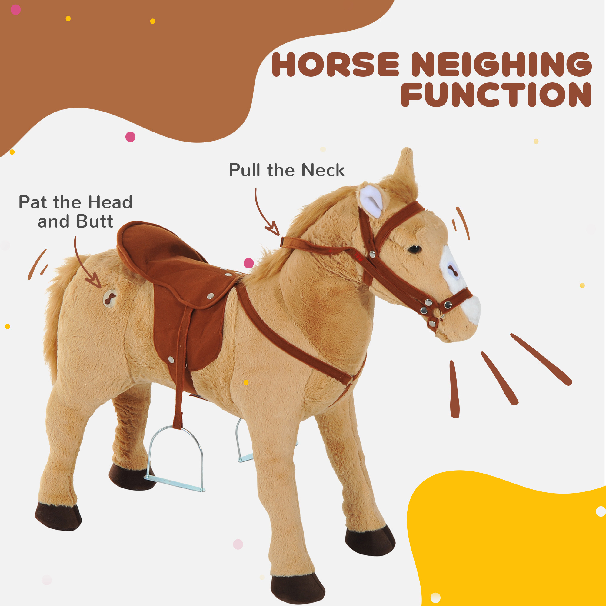HOMCOM Kids Ride On Standing Horse Cuddly Toy Children Plush Soft Pony Gift w/ Neigh Sound or 2 Years and Up Beige 5
