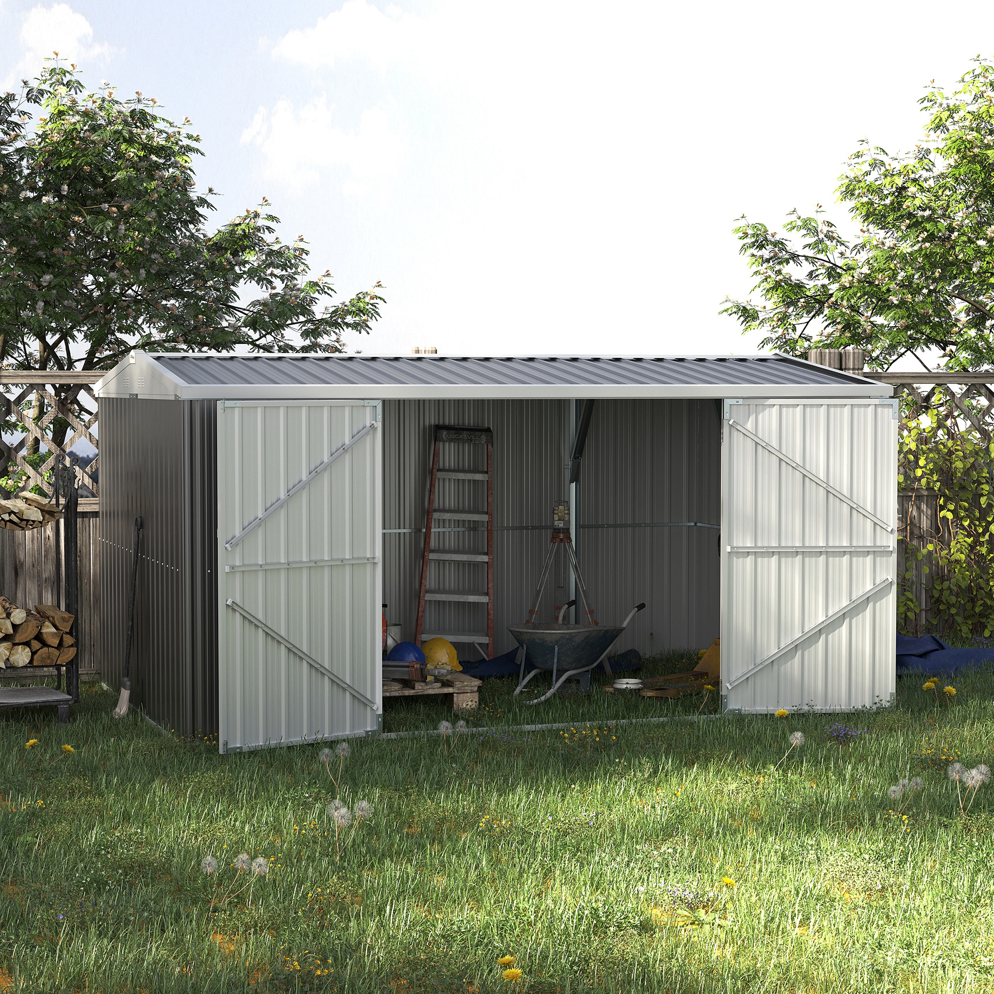 Outsunny 14 x 8ft Outdoor Garden Metal Storage Shed with Lockable Door, Tool Storage Box for Garden, Patio and Lawn, Grey 2